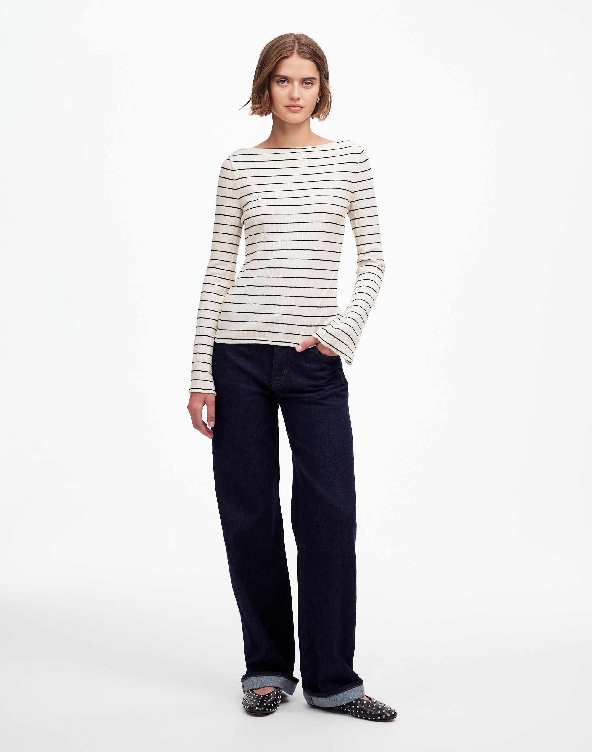 Ribbed Long-Sleeve Boatneck Top in Stripe