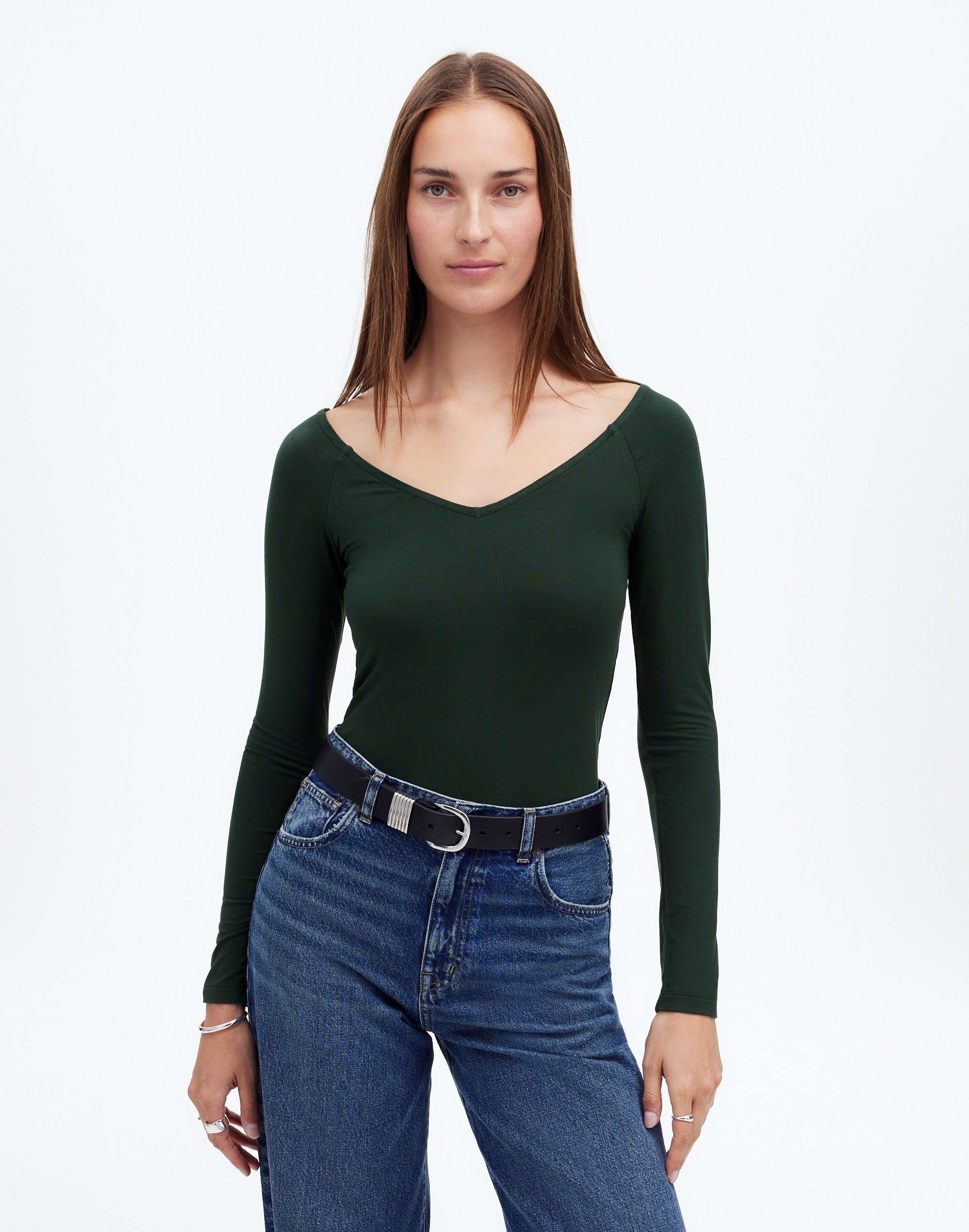 Jersey V-Neck Long-Sleeve Top