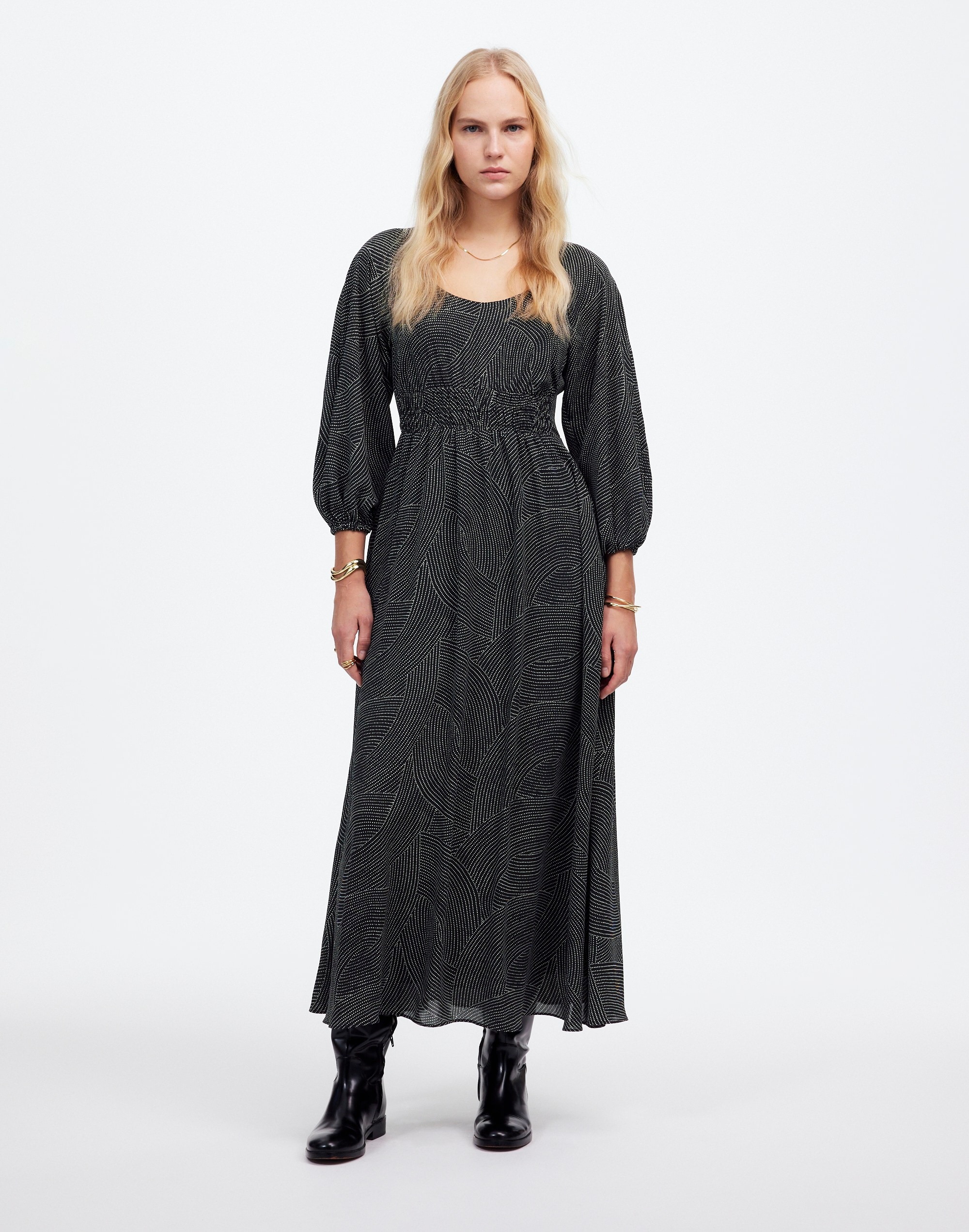 balloon-sleeve ruched midi dress in dot