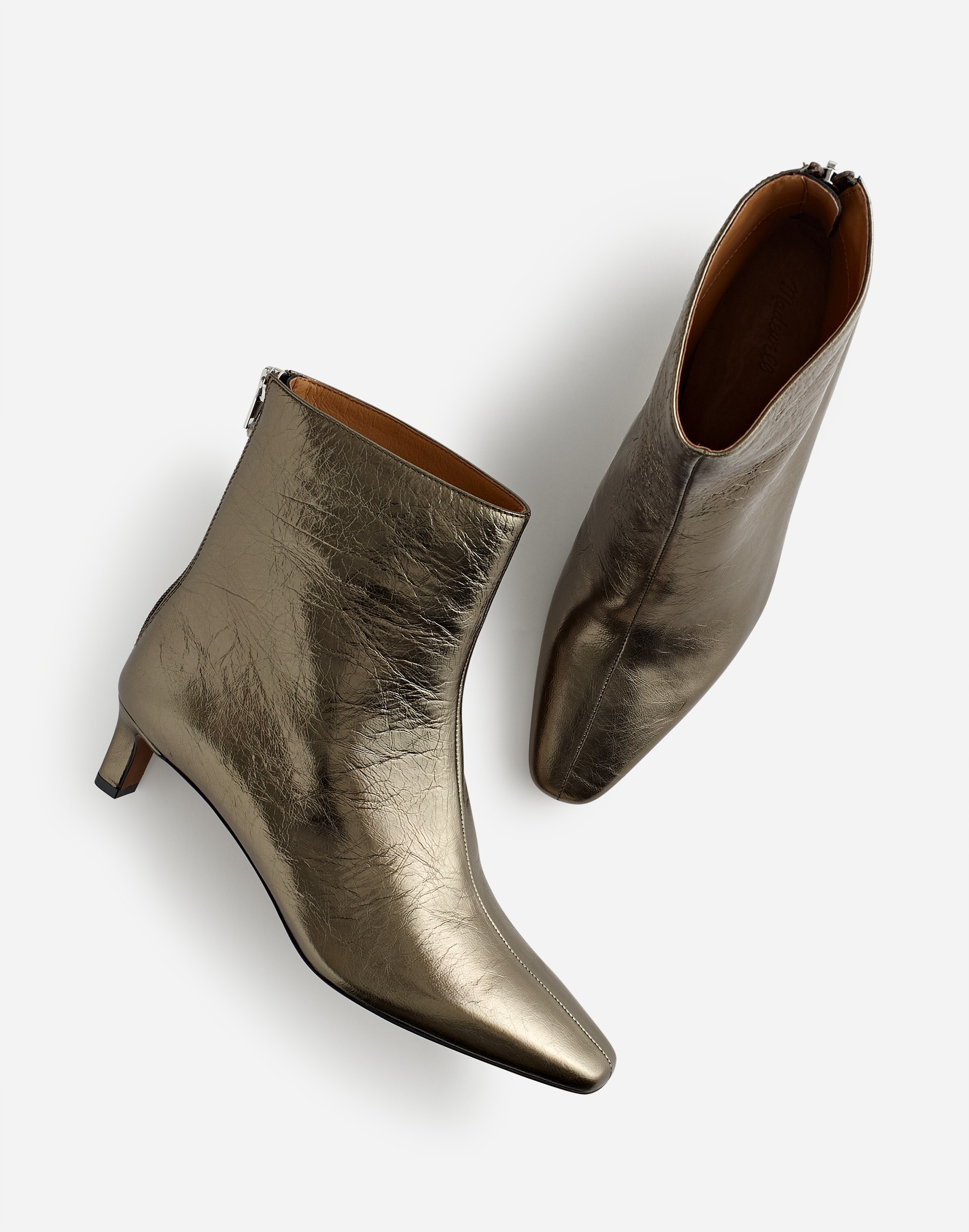 The Dimes Kitten-Heel Ankle Boot in Metallic Leather