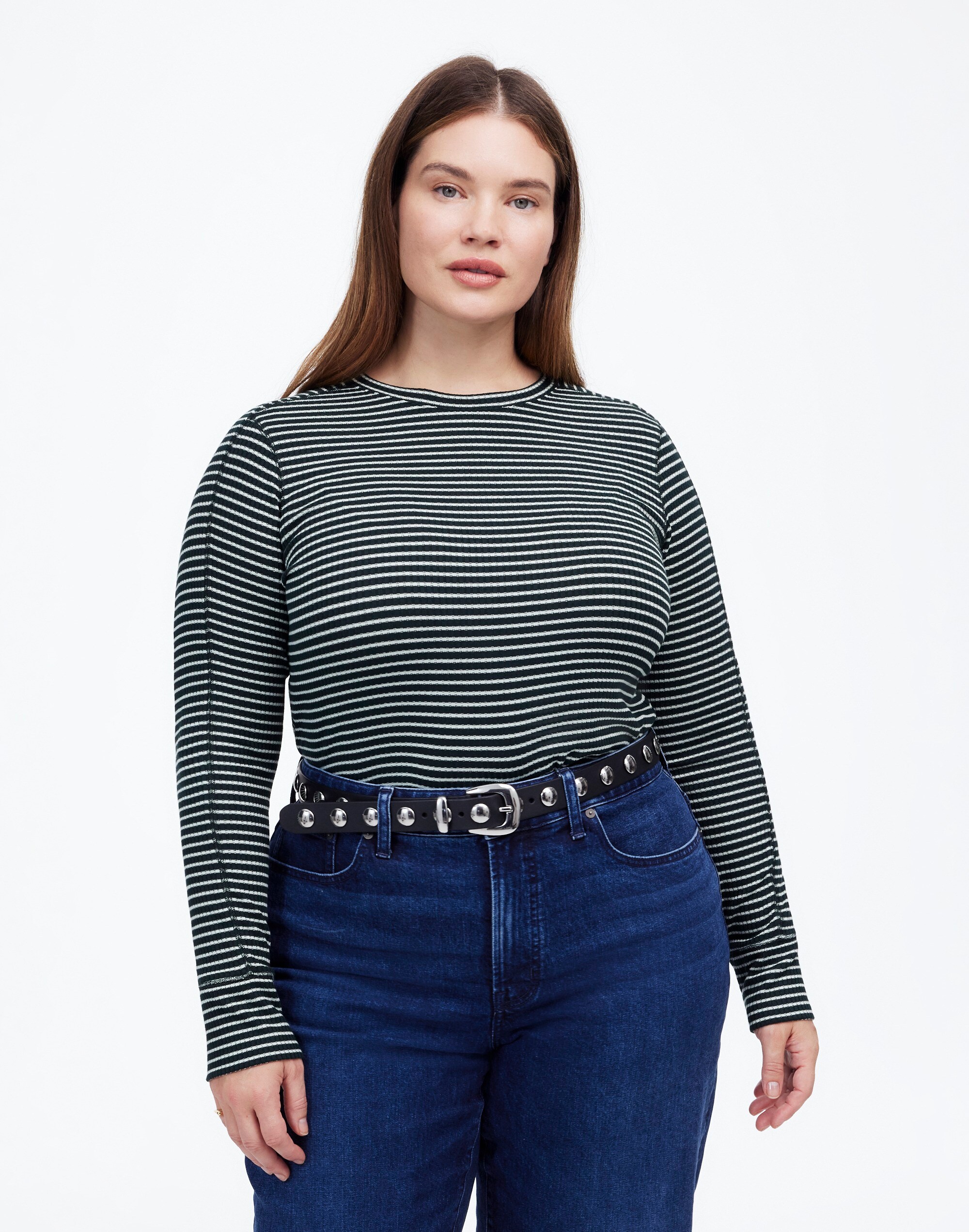 Plus Ribbed Crewneck Long-Sleeve Tee in Stripe
