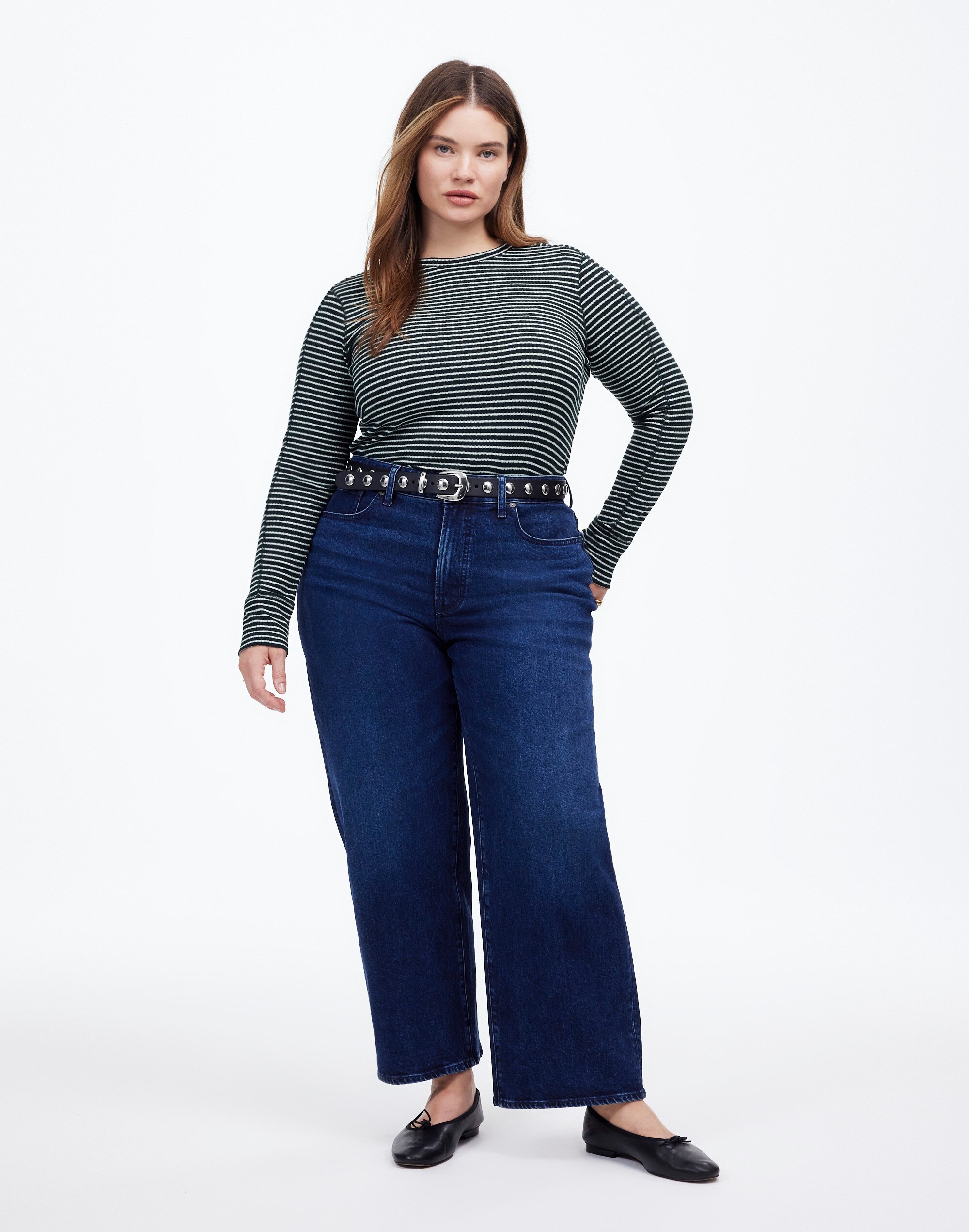 Plus Ribbed Crewneck Long-Sleeve Tee in Stripe