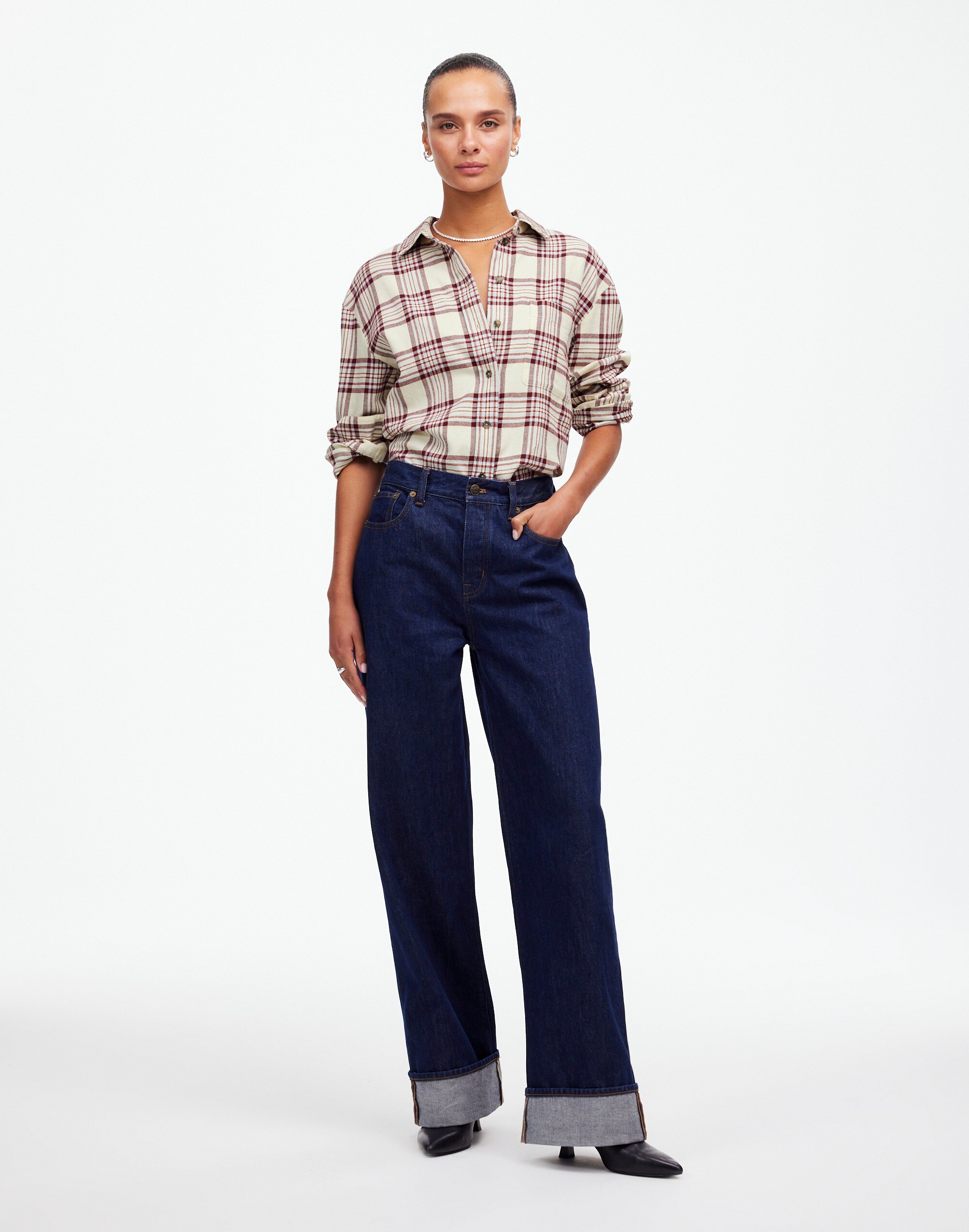 Relaxed Straight-Hem Button-Up Shirt in Plaid