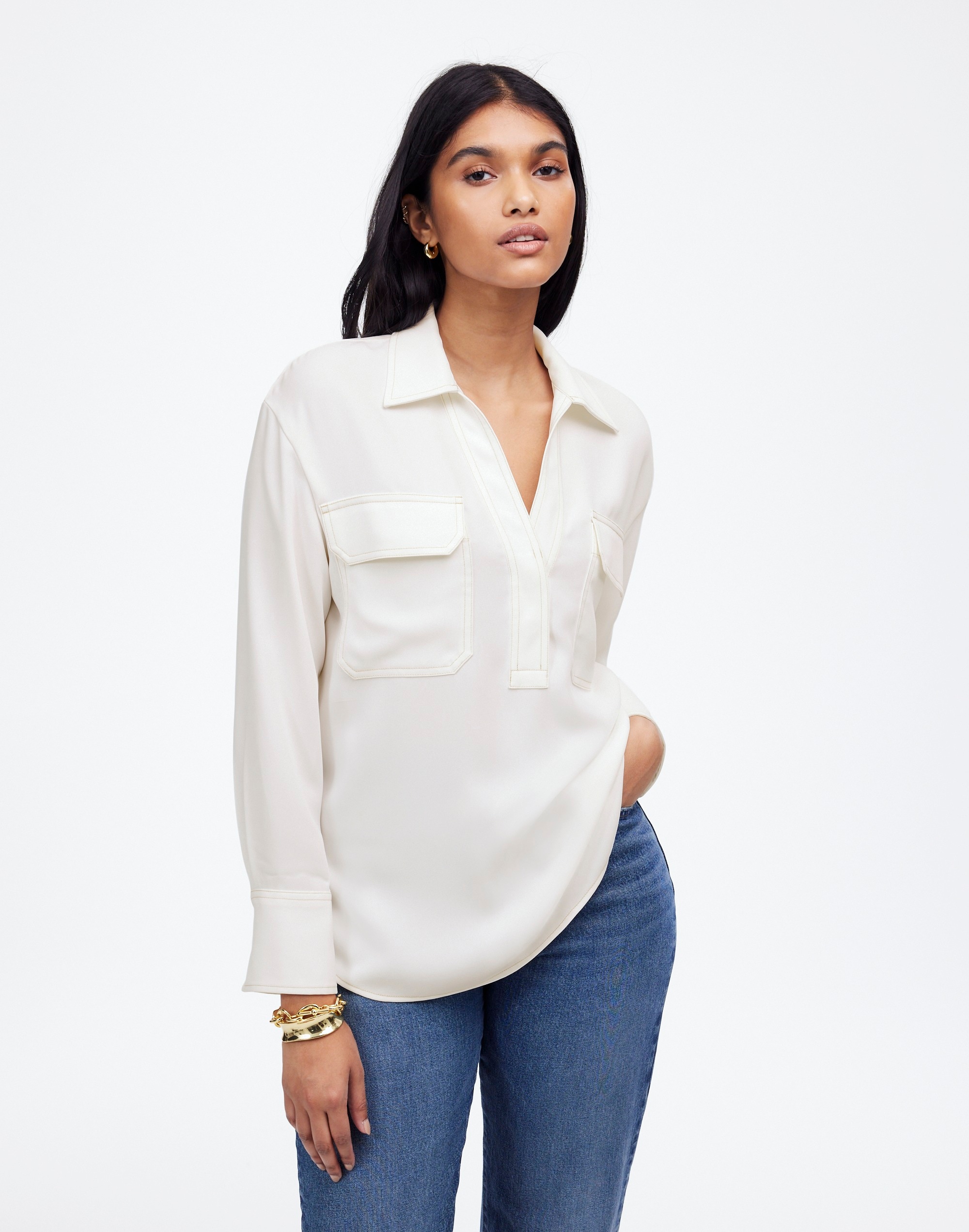 Contrast-Stitch Popover Shirt