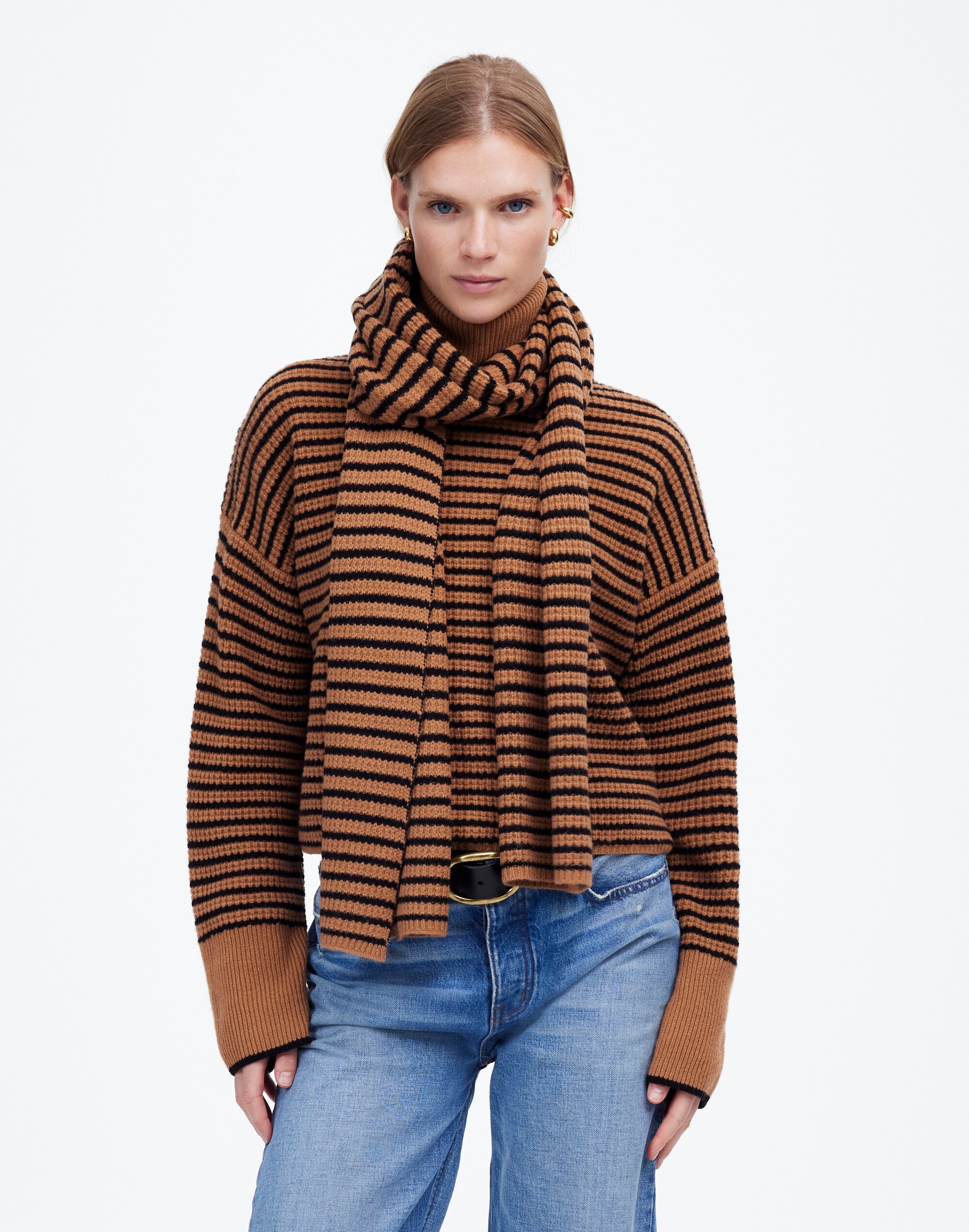 Wool Waffle-Knit Scarf in Stripe