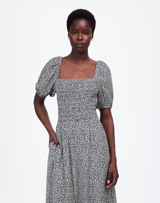 puff sleeve smock dress Black boohoo Cotton Mini high boots and a structured handbag for a chic daytime look Cobalt Ditsy Floral Puff Sleeve