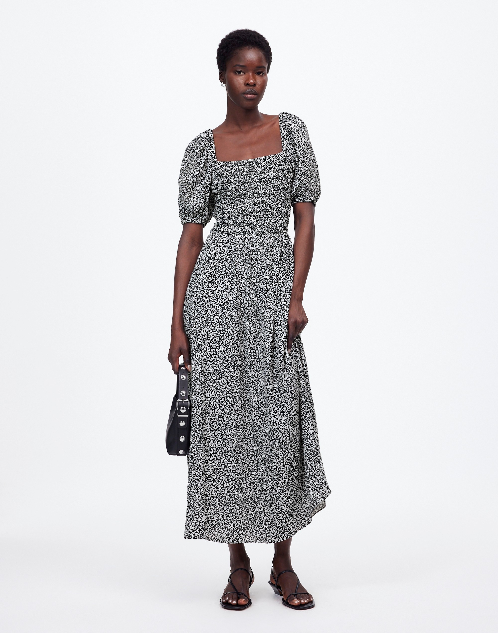 smocked puff-sleeve midi dress in floral