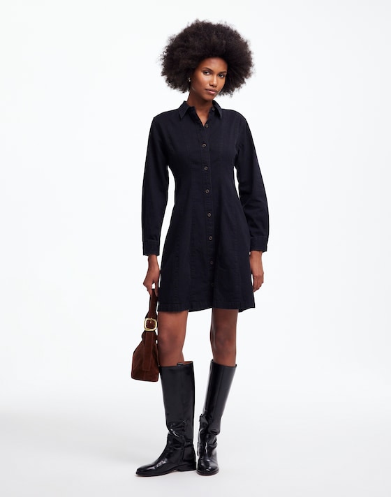 knee length dresses for ladies Wrangler Black Scallop Yoke Denim Women's Collared Longsleeve Western