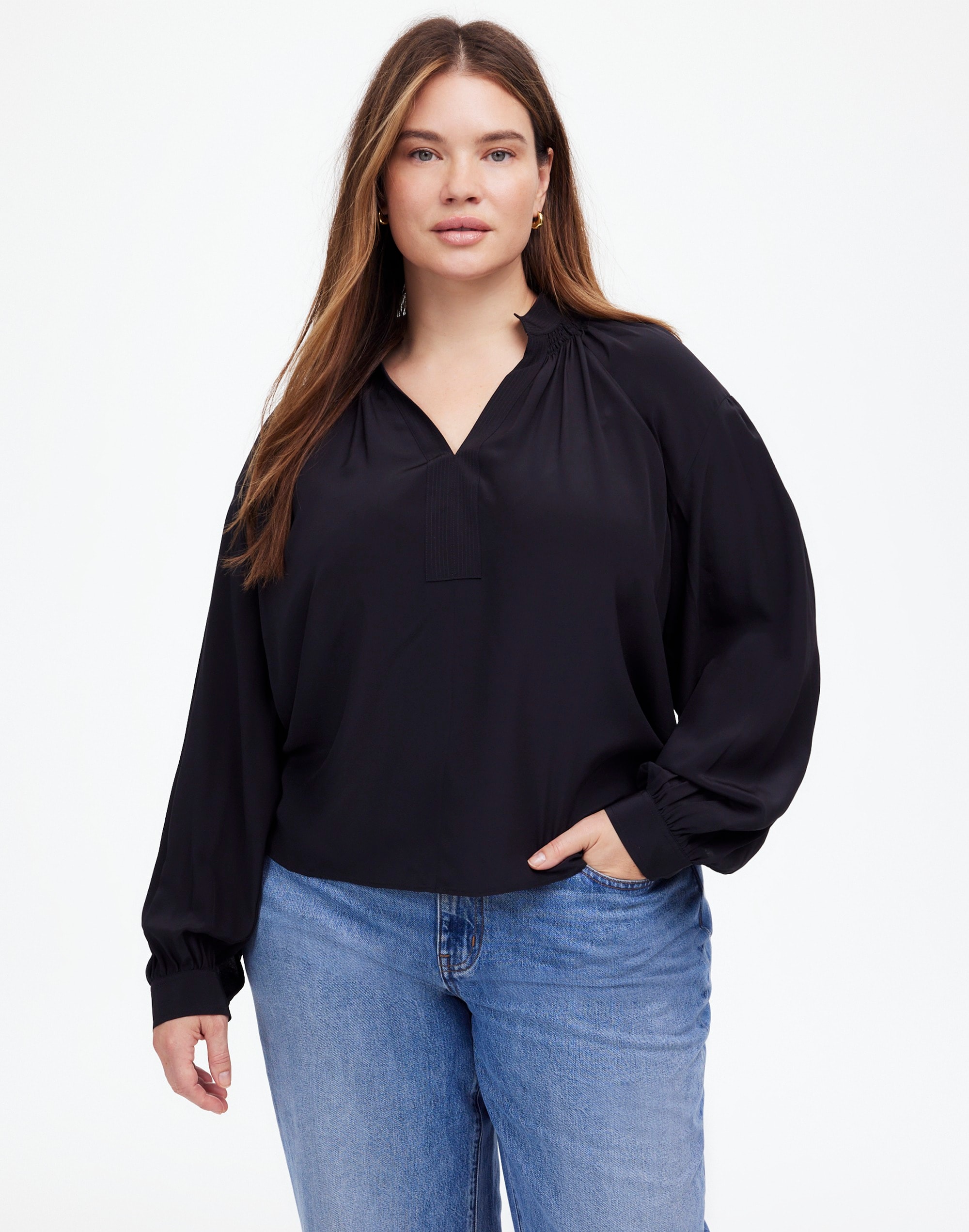 plus shirred long-sleeve top in silk