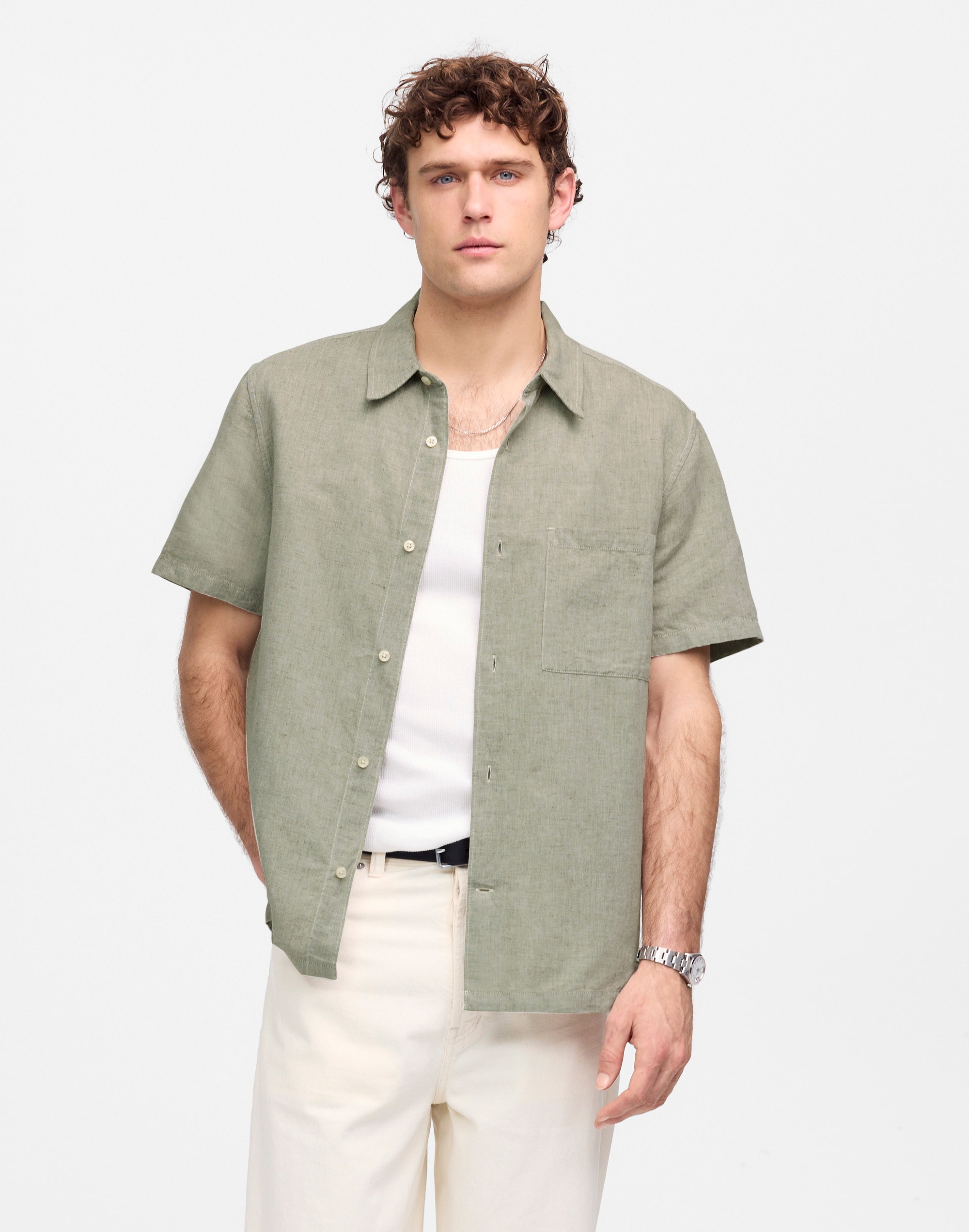 Button-Up Short-Sleeve Shirt in Cotton-Linen Blend