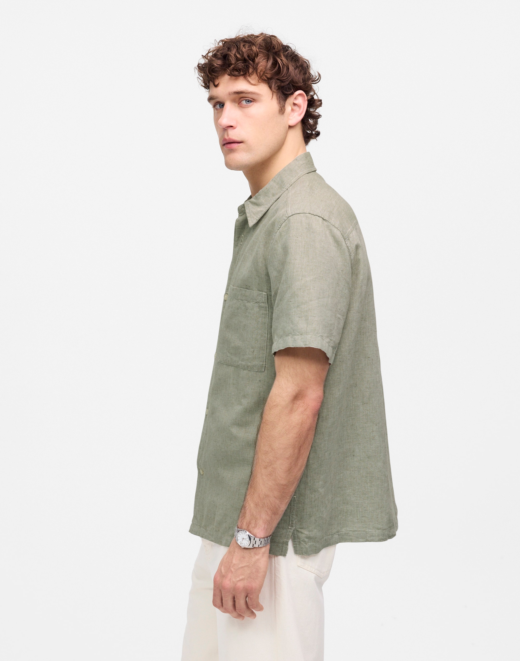 Button-Up Short-Sleeve Shirt in Cotton-Linen Blend