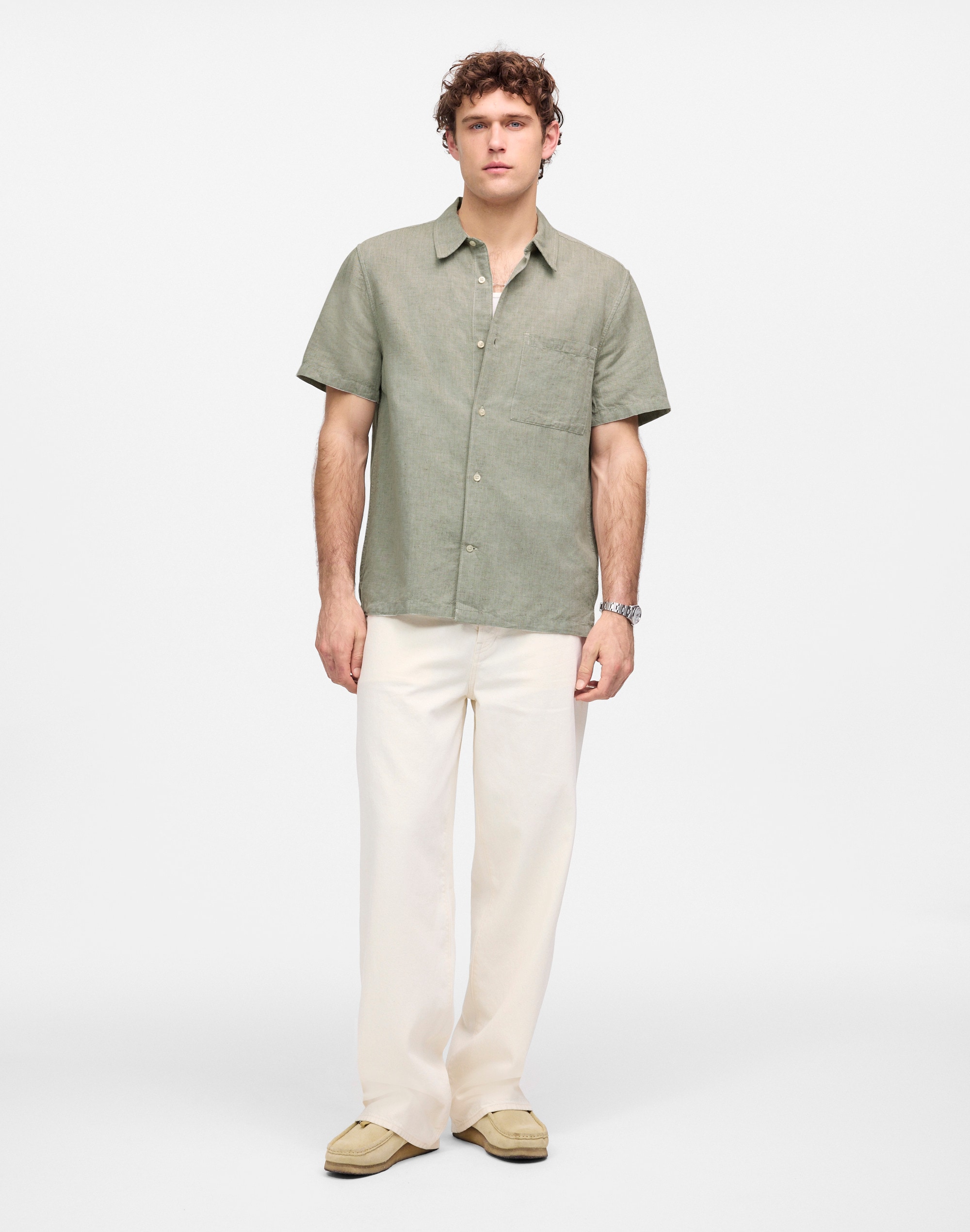 Button-Up Short-Sleeve Shirt in Cotton-Linen Blend