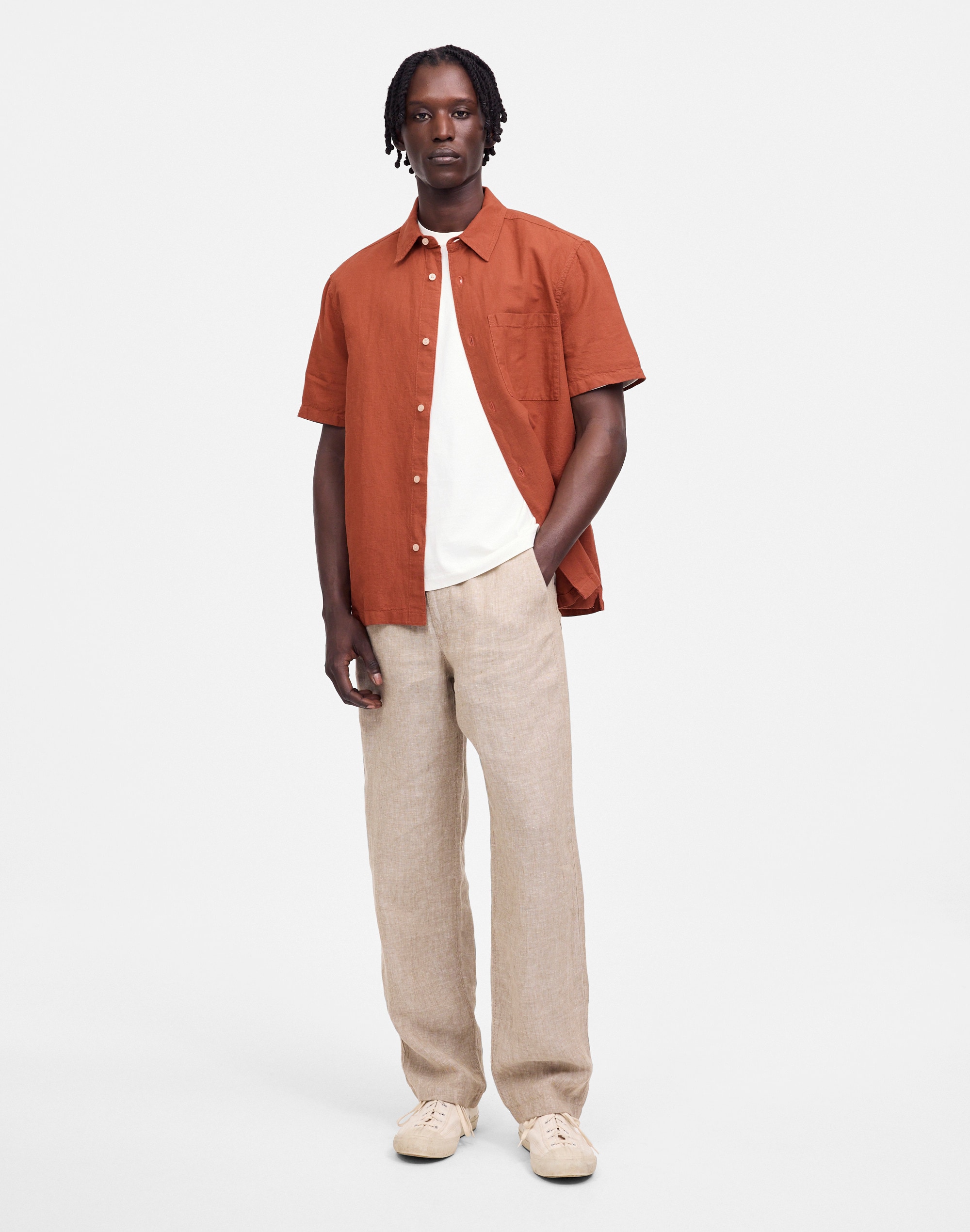 Button-Up Short-Sleeve Shirt in Cotton-Linen Blend