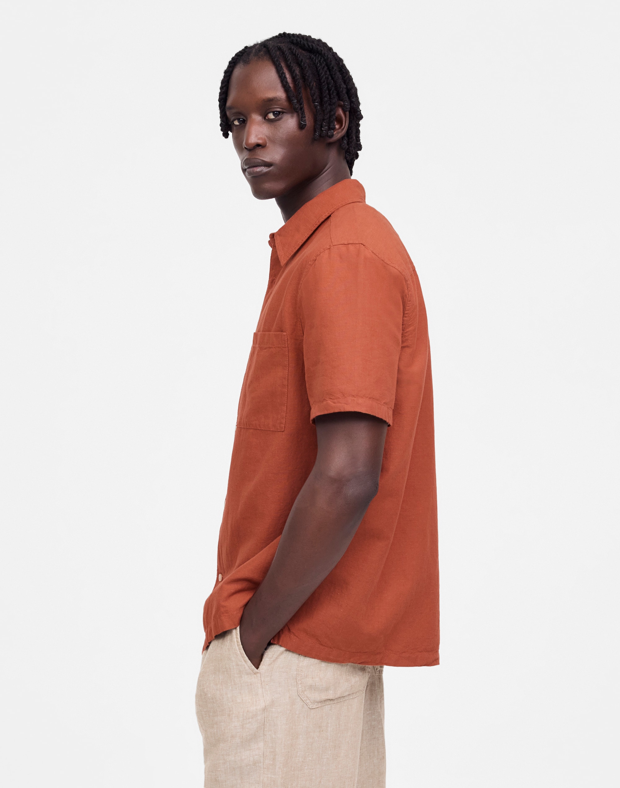 Button-Up Short-Sleeve Shirt in Cotton-Linen Blend