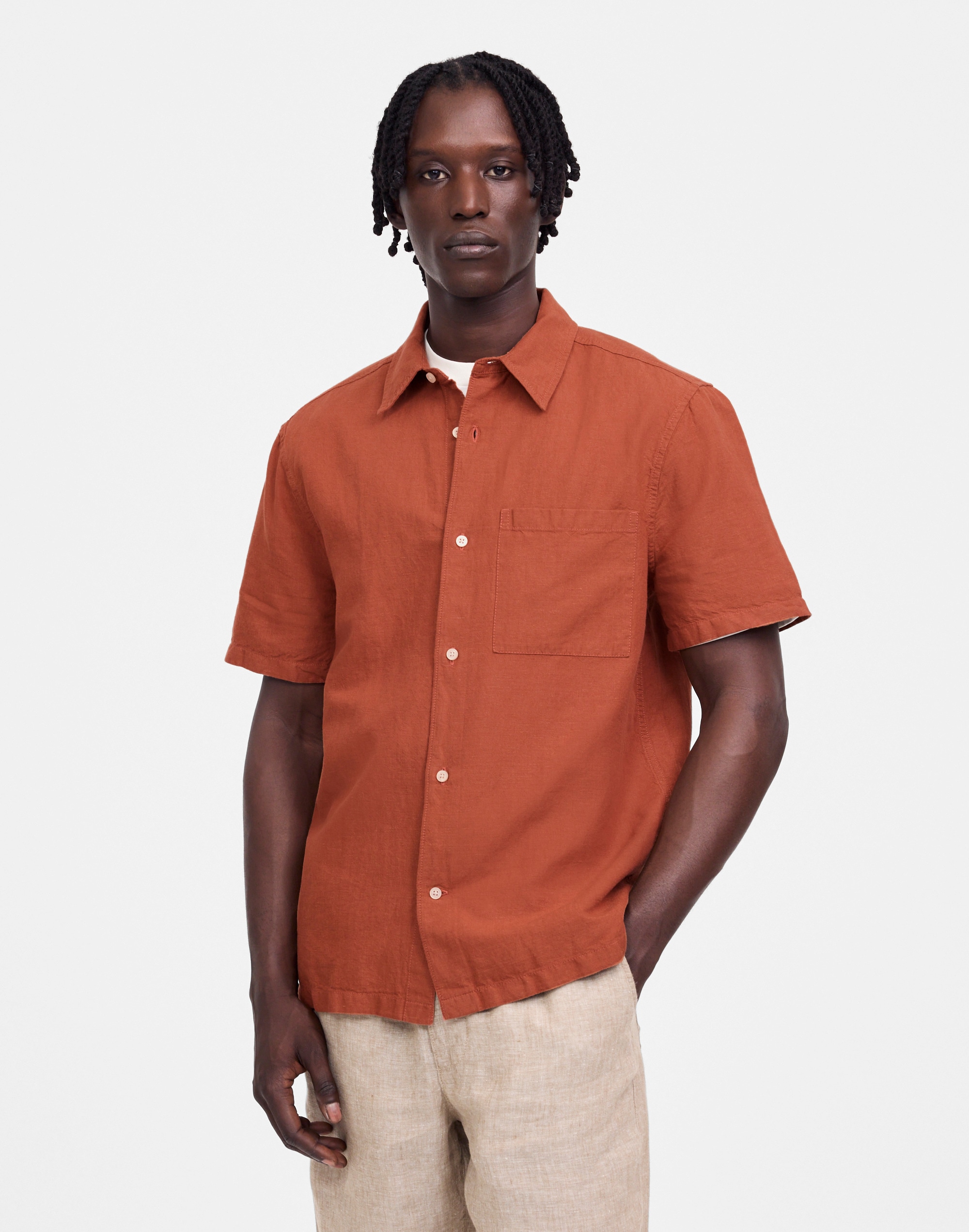 Button-Up Short-Sleeve Shirt in Cotton-Linen Blend