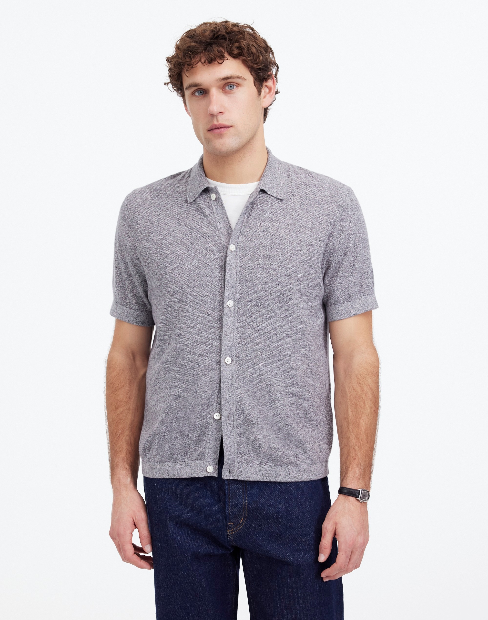 Marled Cotton Button-Up Sweater Polo