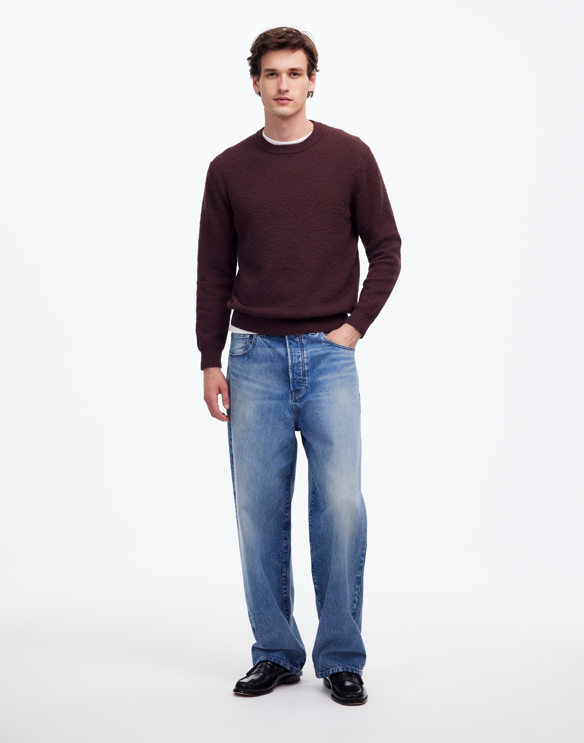 Waffle-Knit Crewneck Sweater