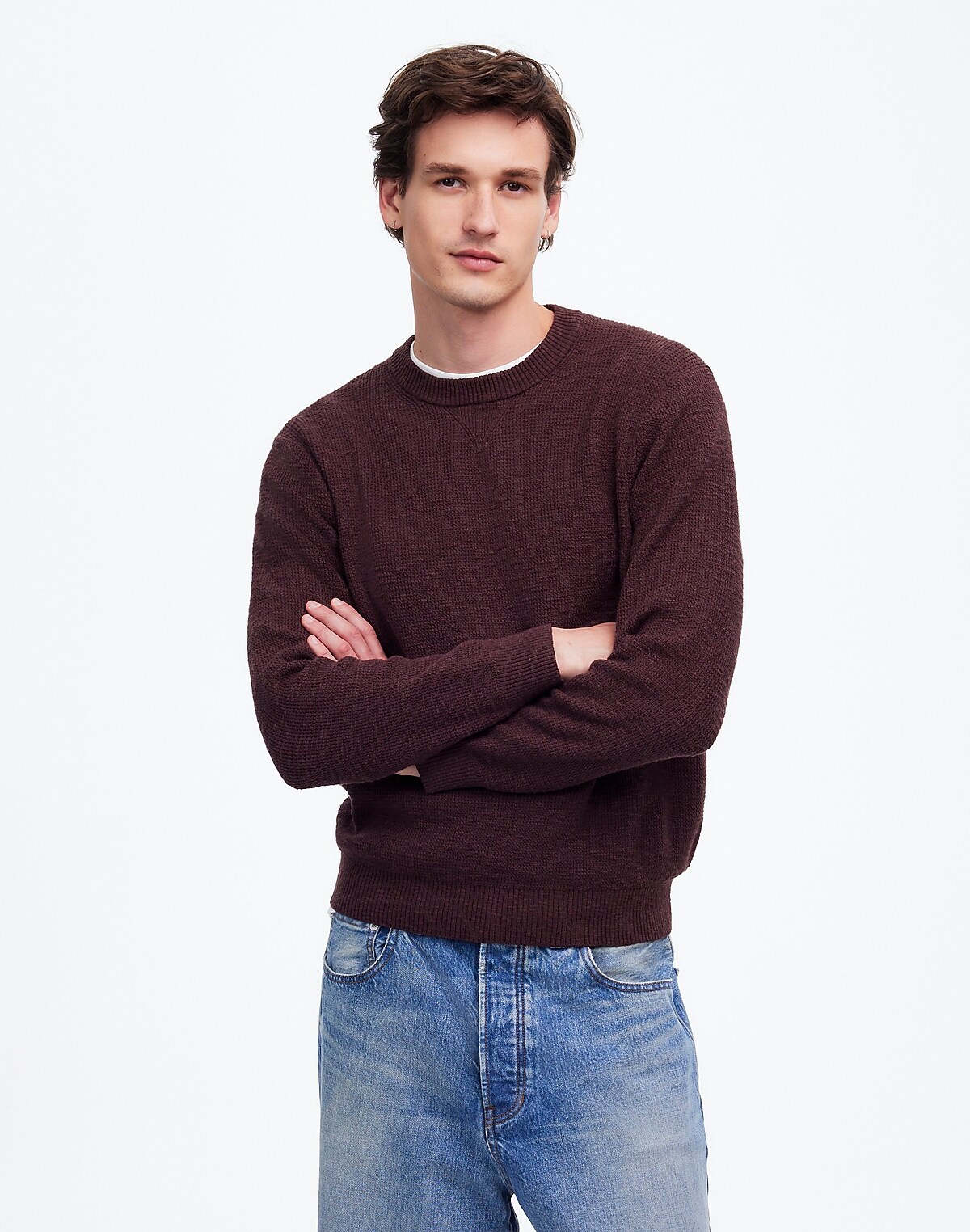 Waffle-Knit Crewneck Sweater