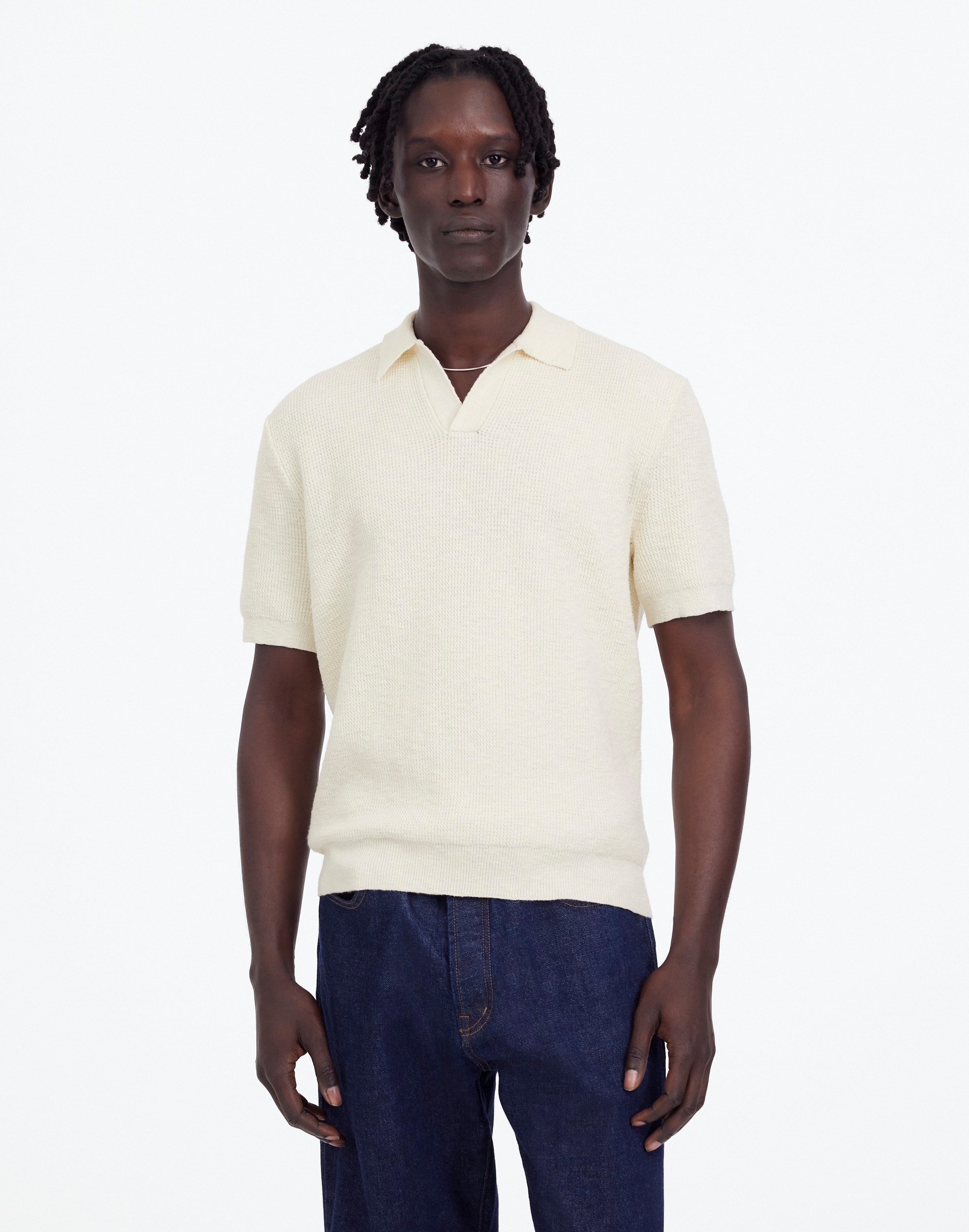 Waffle-Knit Johnny-Collar Sweater Polo