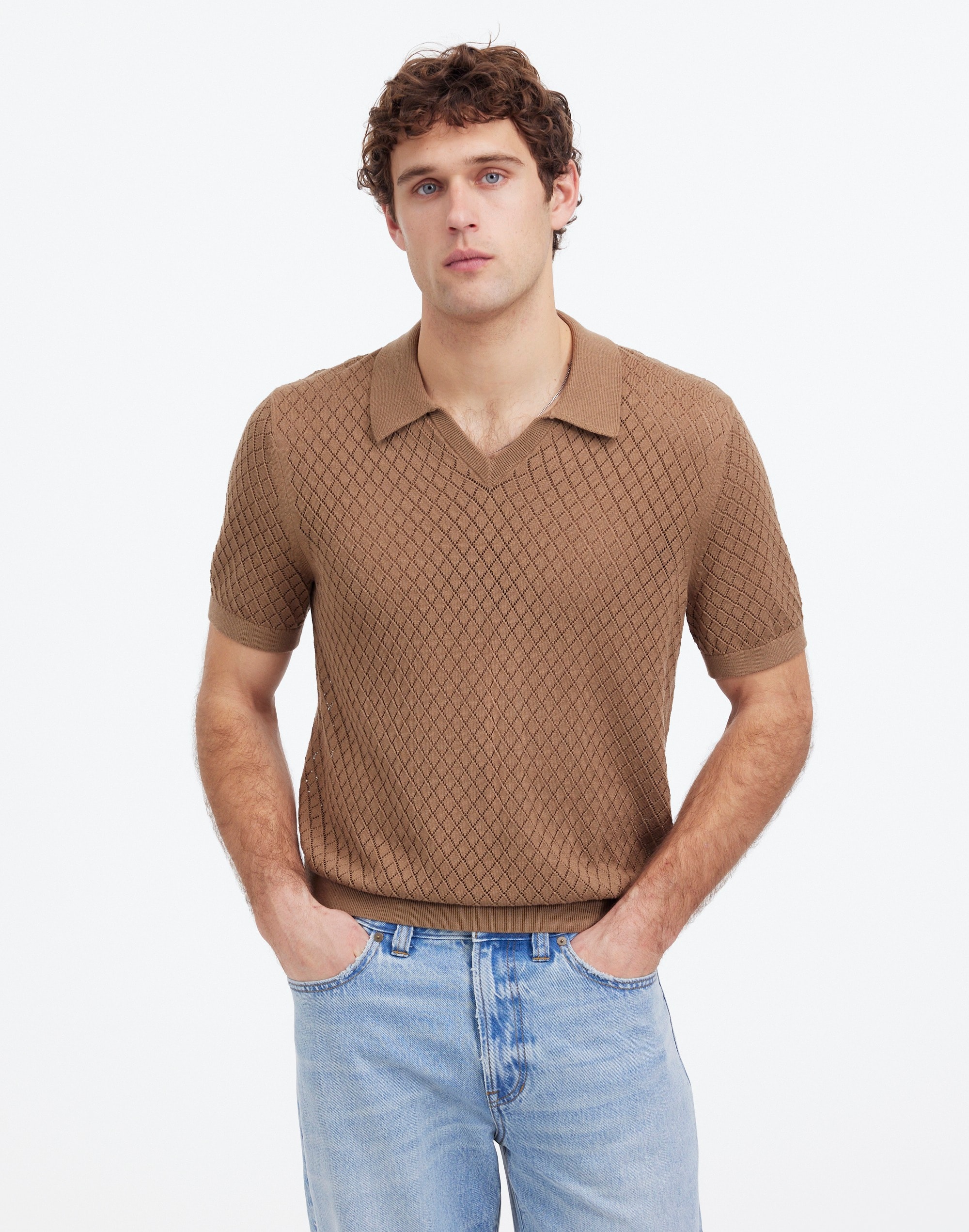 Diamond Pointelle Stitch Sweater Polo