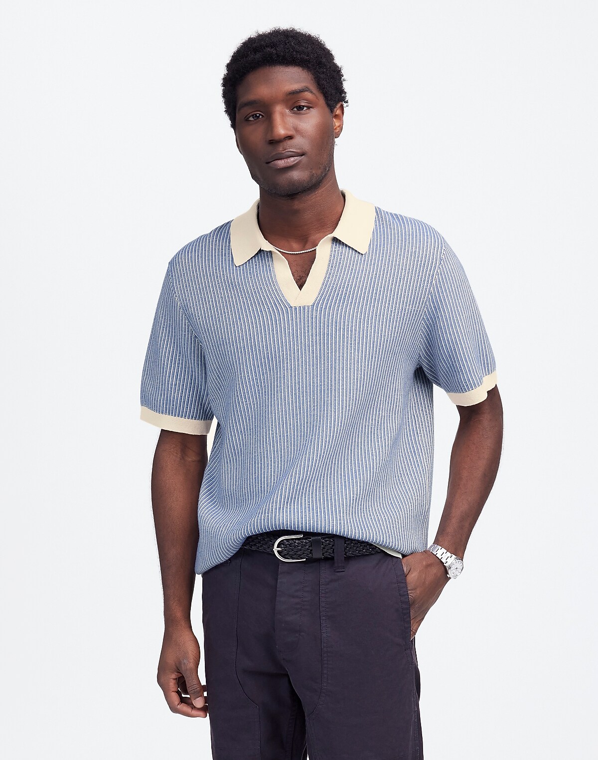 Tuck Stitch Johnny-Collar Sweater Polo