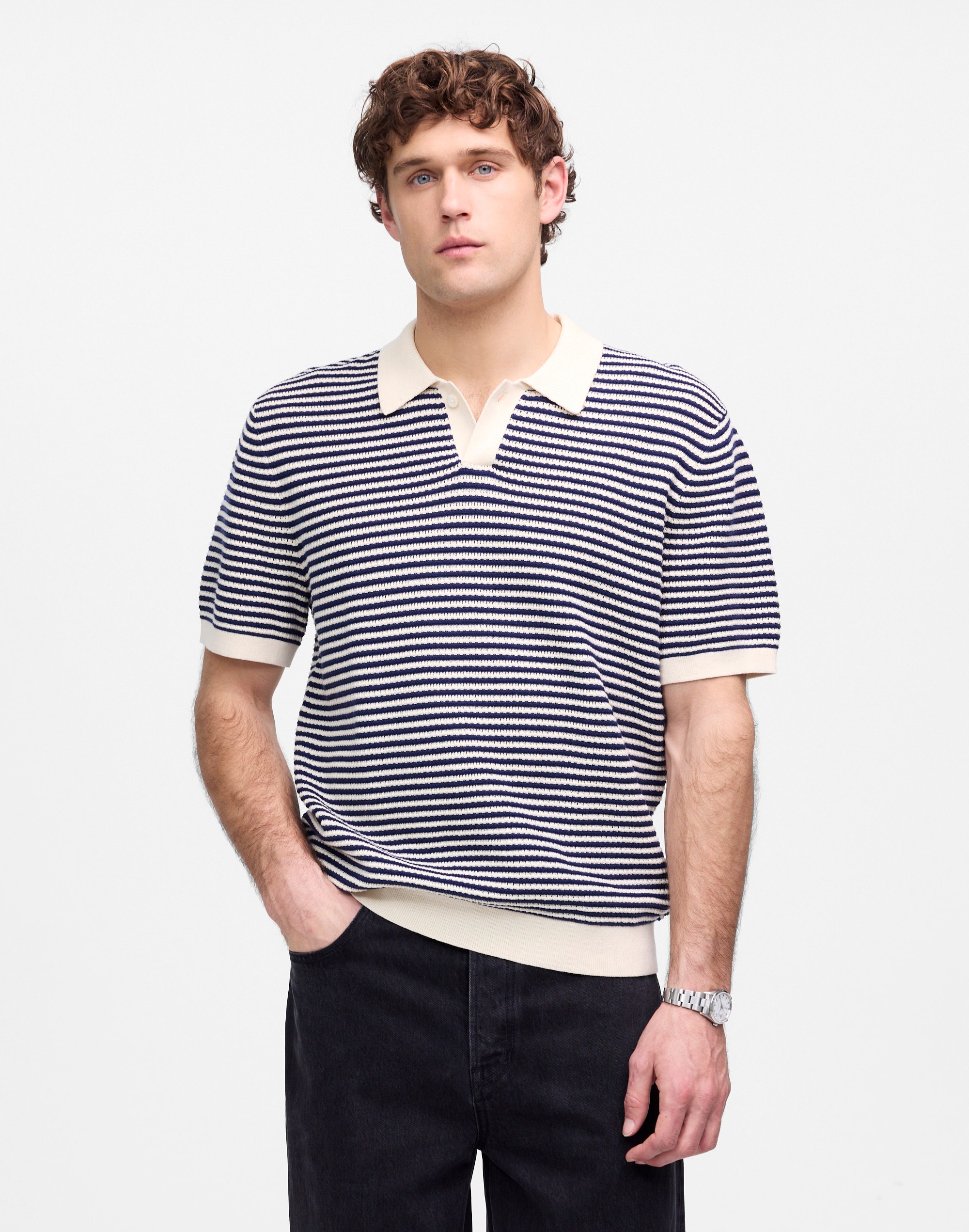 Pointelle Stitch Single-Button Sweater Polo