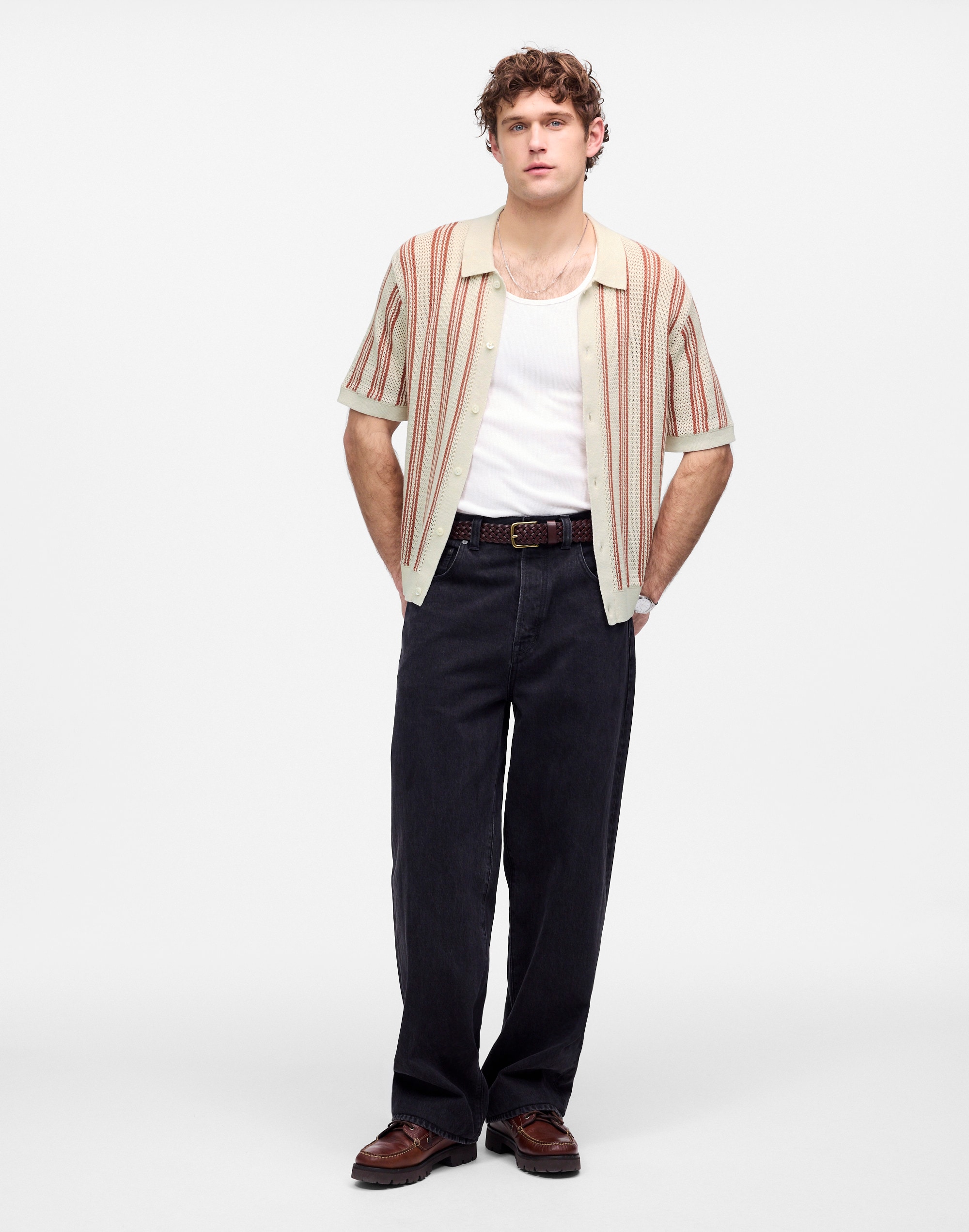 Open-Stitch Button-Up Sweater Polo Alternate Image 1