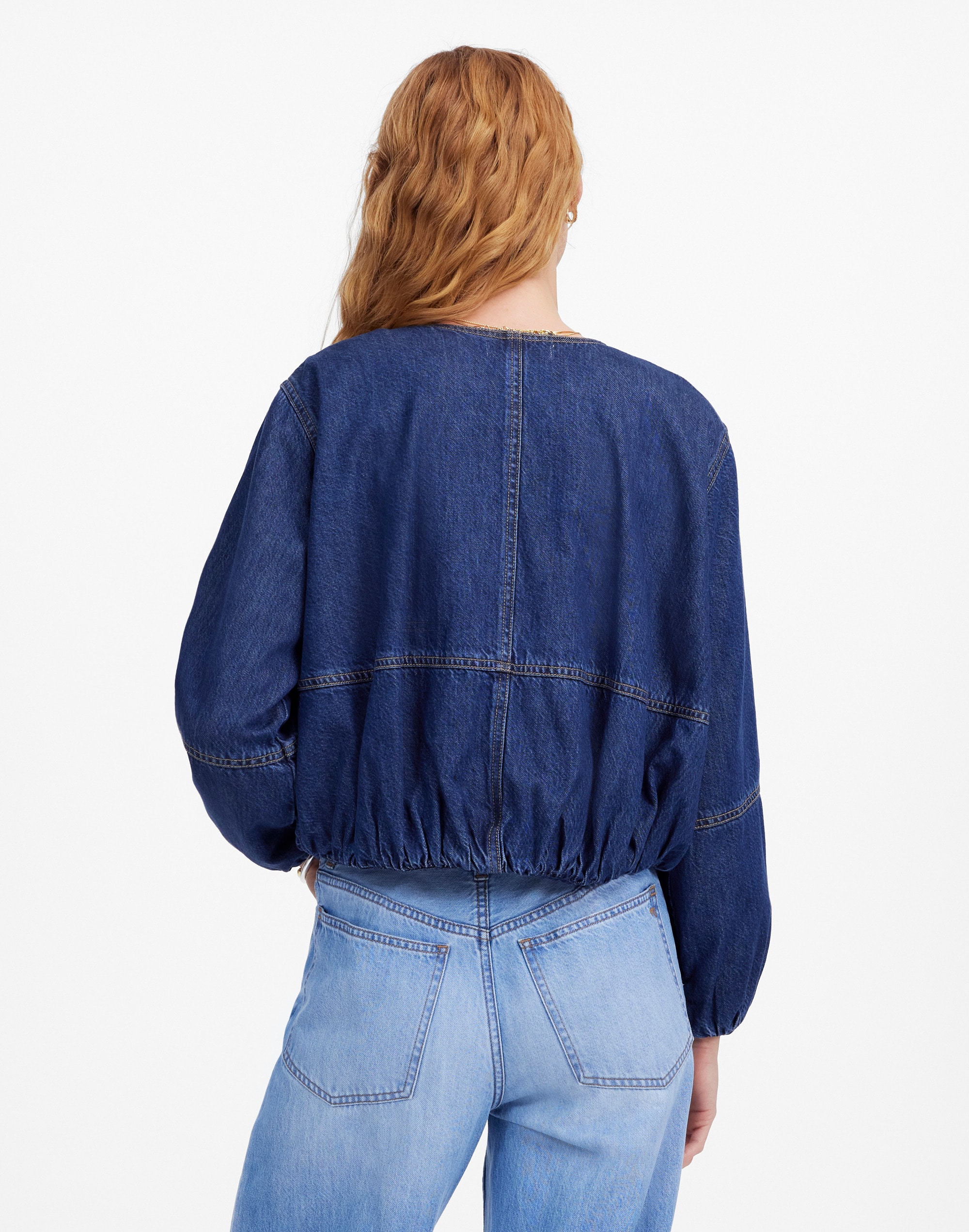 Bubble-Sleeve Jean Bomber Jacket in Newkirk Wash: Airy Denim Edition