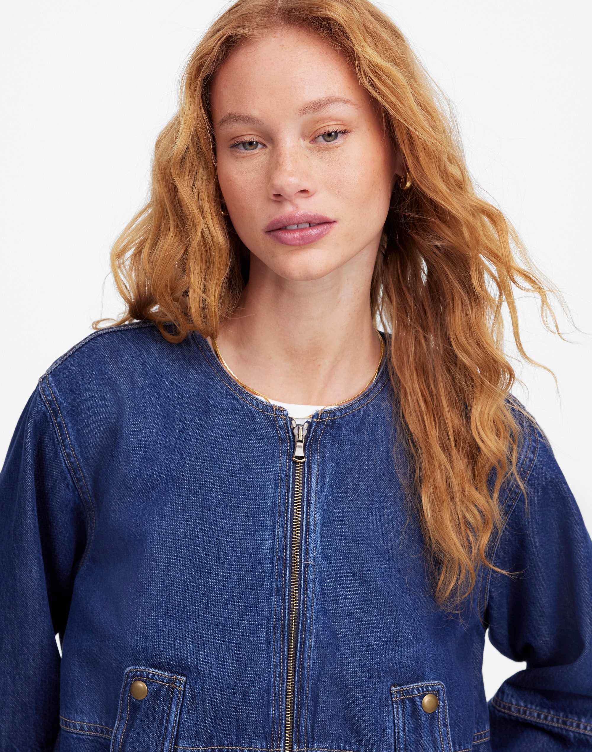 Bubble-Sleeve Jean Bomber Jacket in Newkirk Wash: Airy Denim Edition