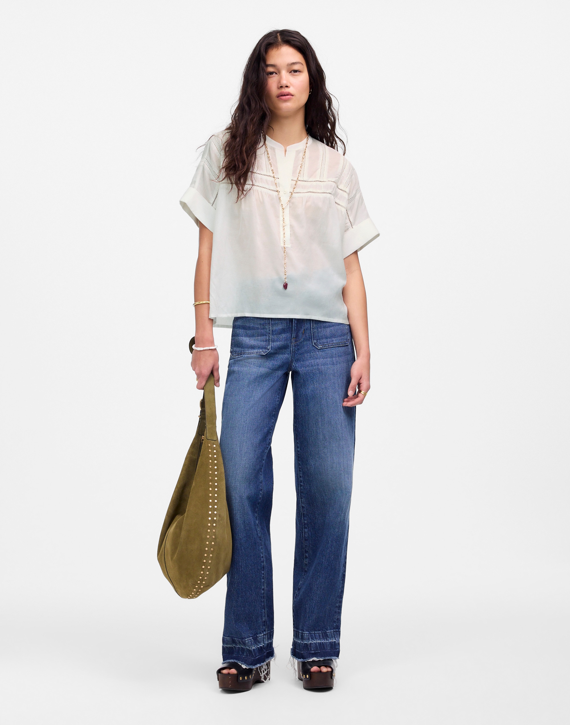Lace-Inset Pintucked Henley Top