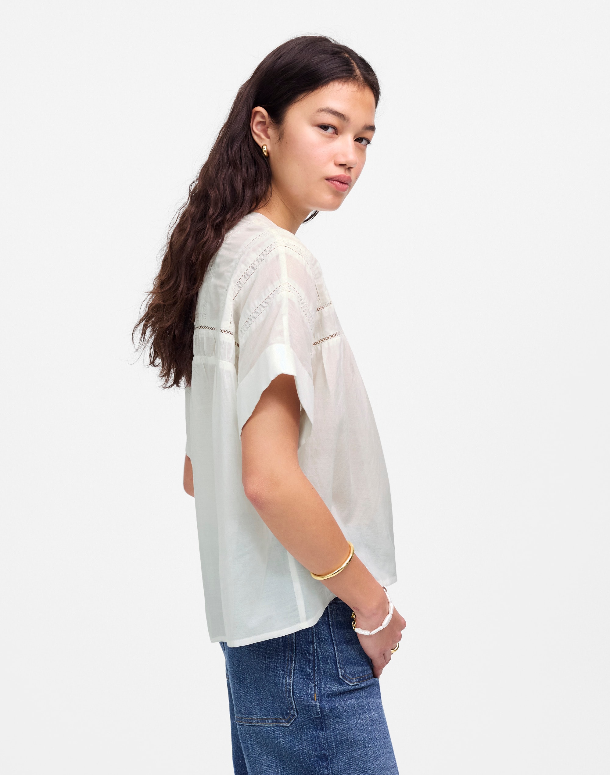 Lace-Inset Pintucked Henley Top