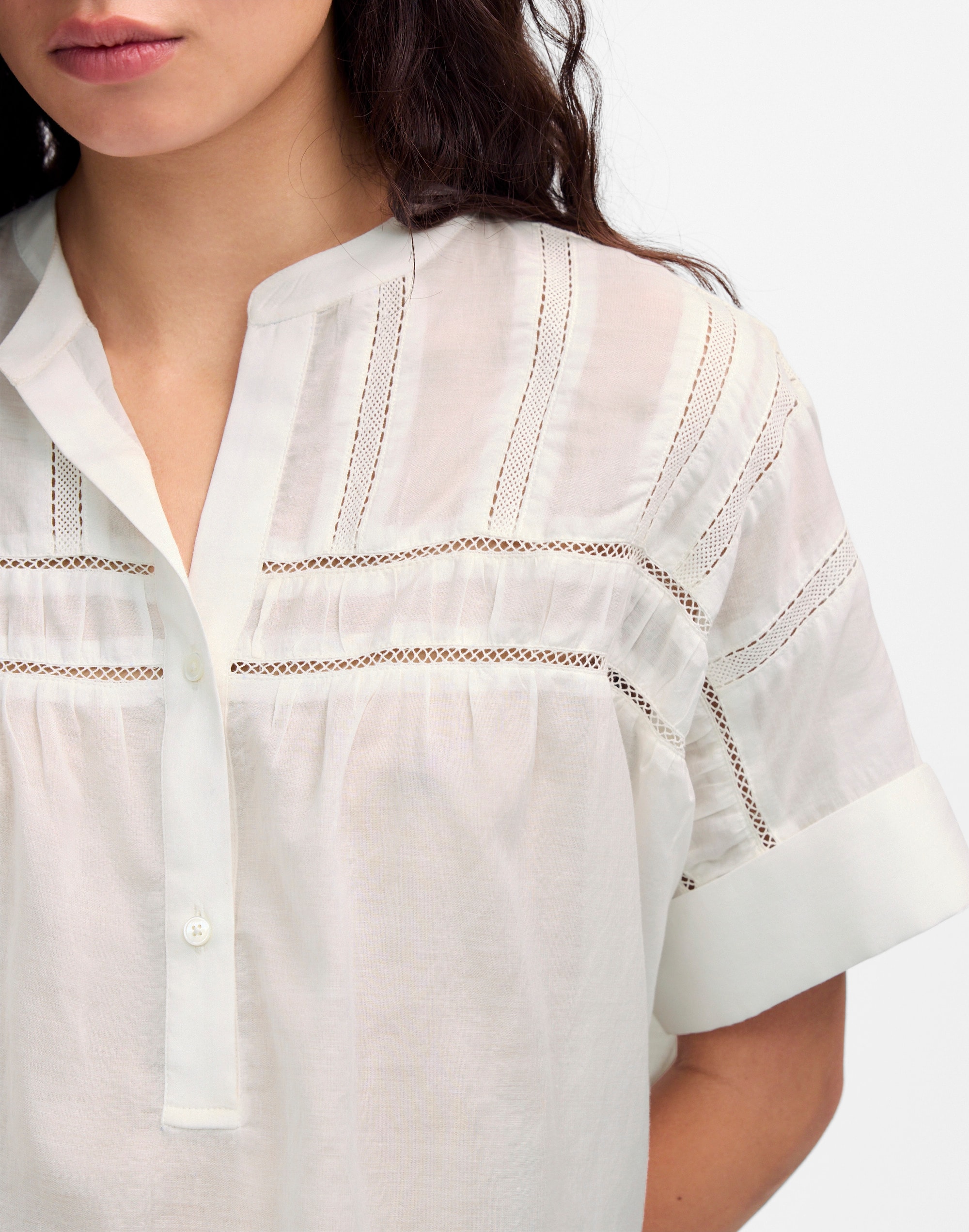 Lace-Inset Pintucked Henley Top