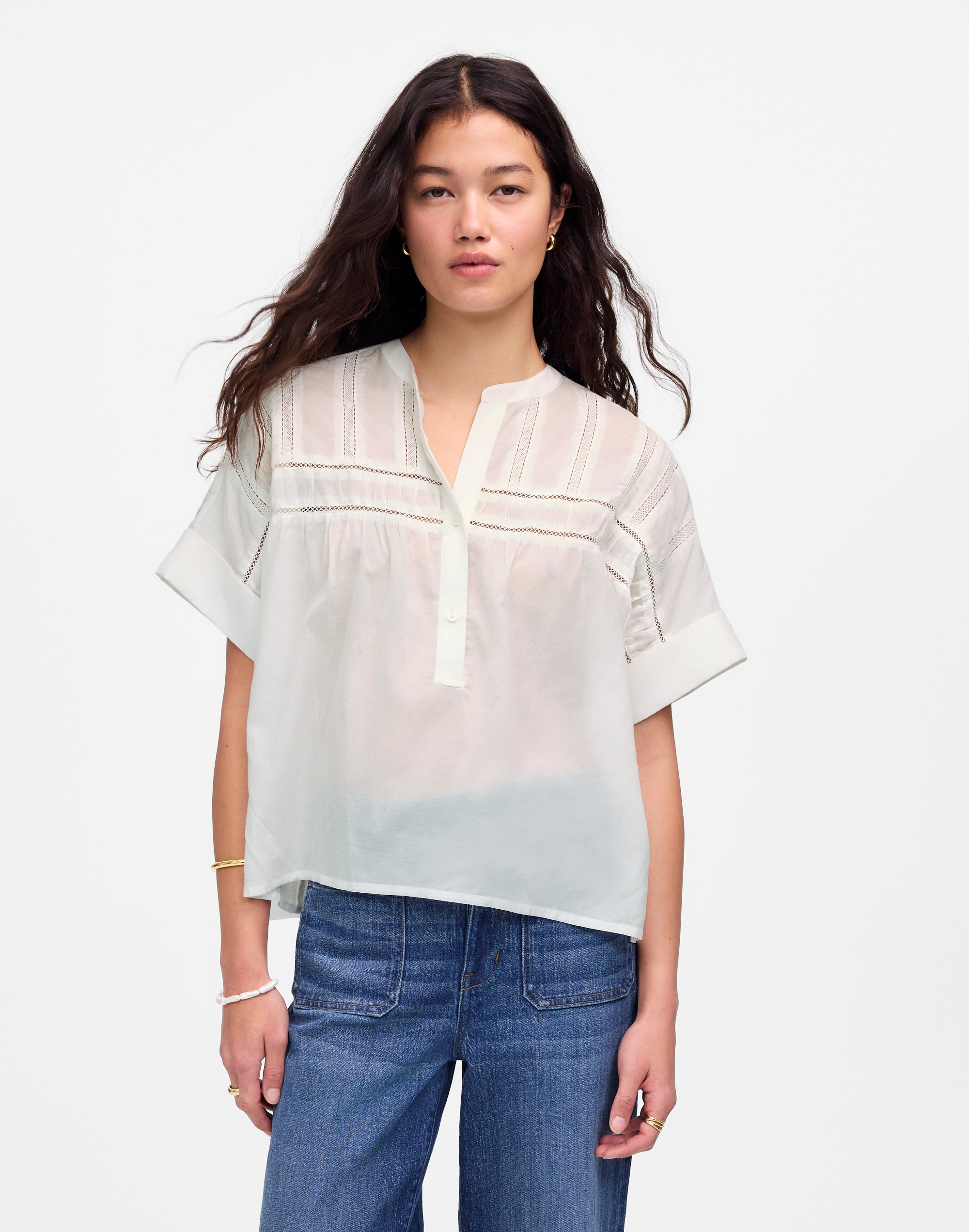 lace-inset pintucked henley top