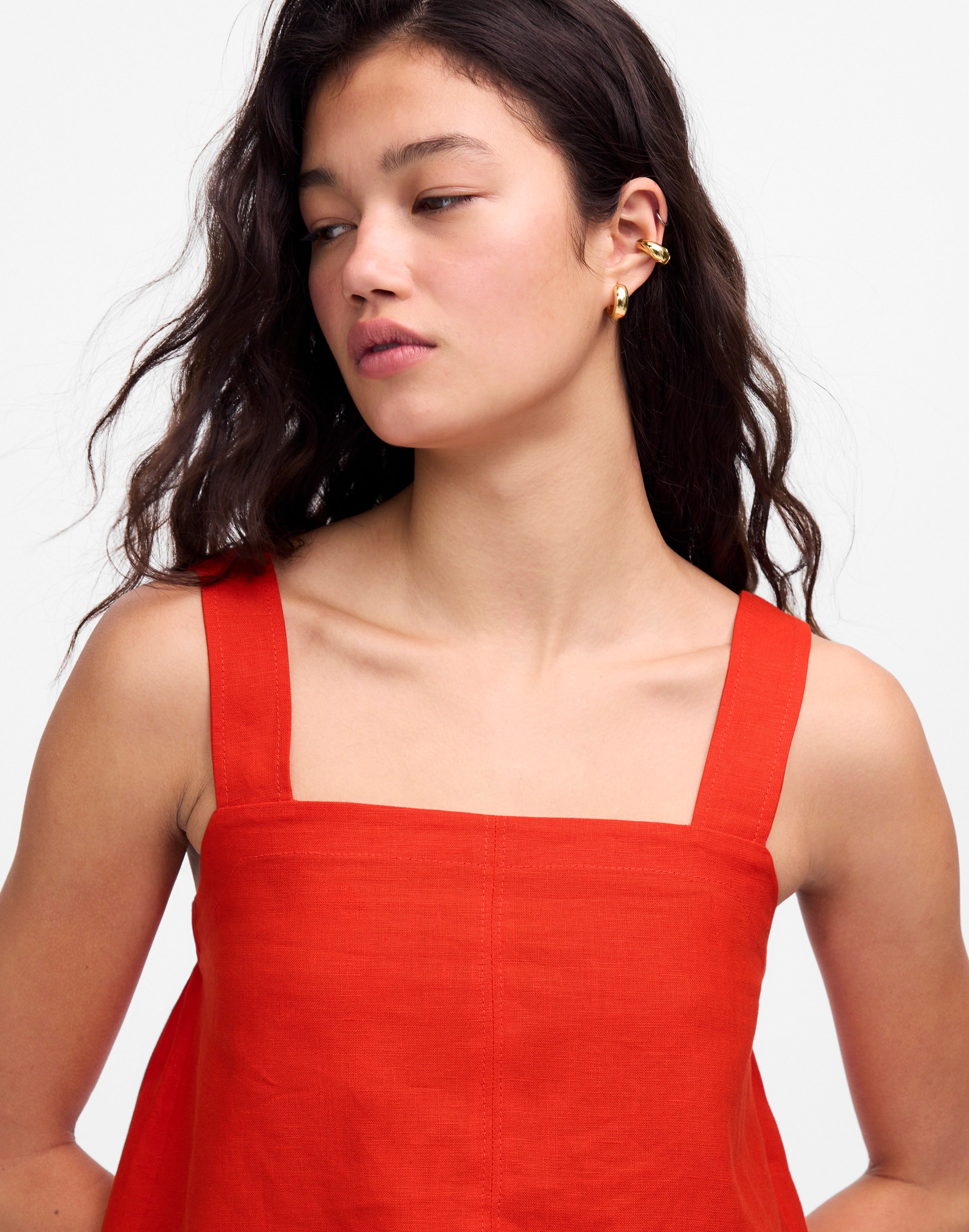 Contrast-Stitch Squareneck Top in 100% Linen