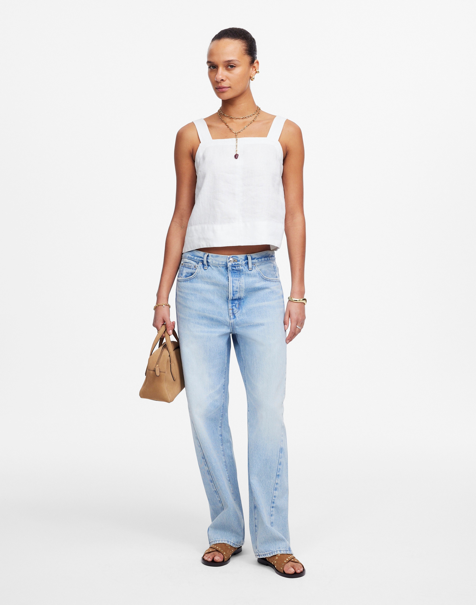 Contrast-Stitch Squareneck Top in 100% Linen