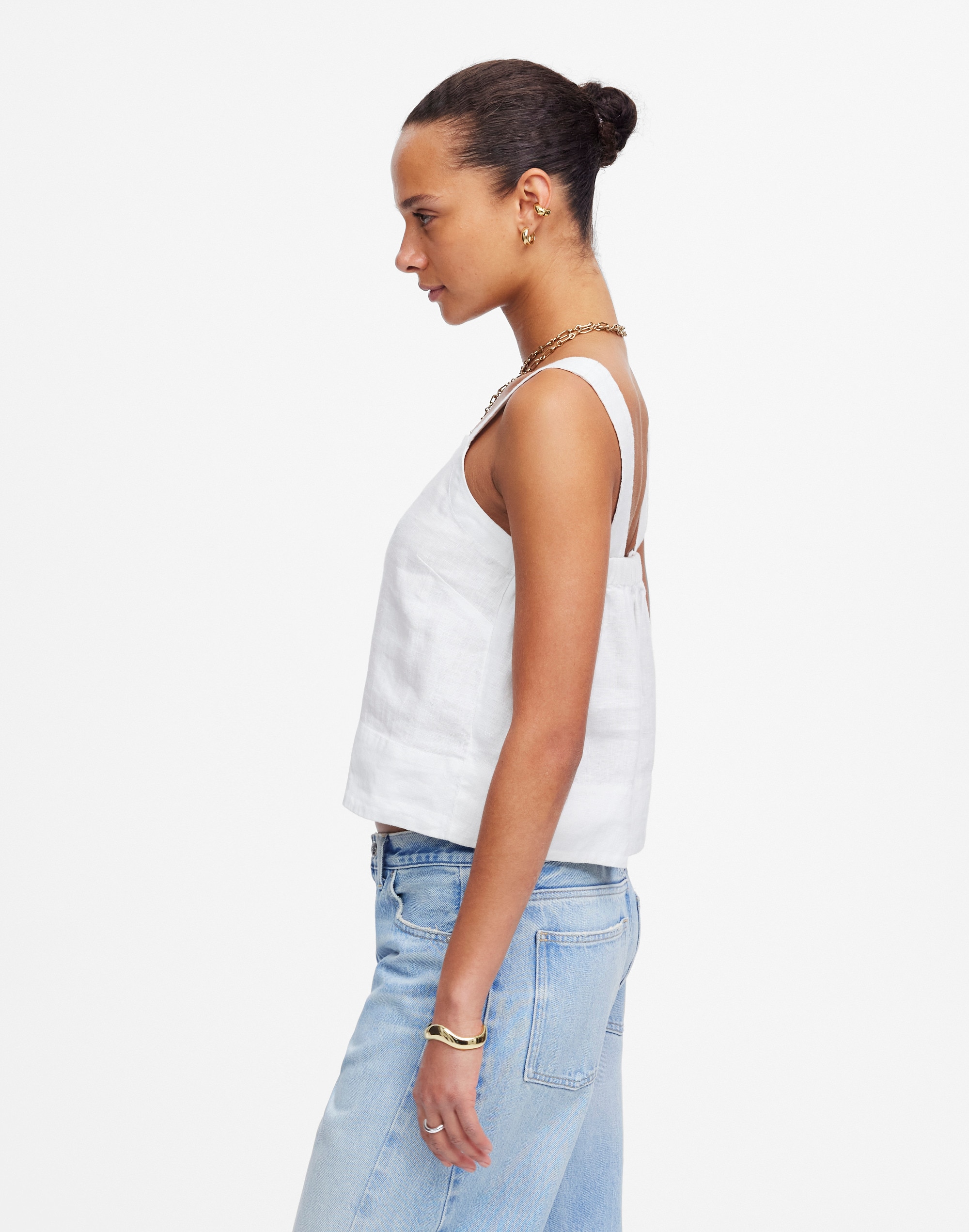 Contrast-Stitch Squareneck Top in 100% Linen