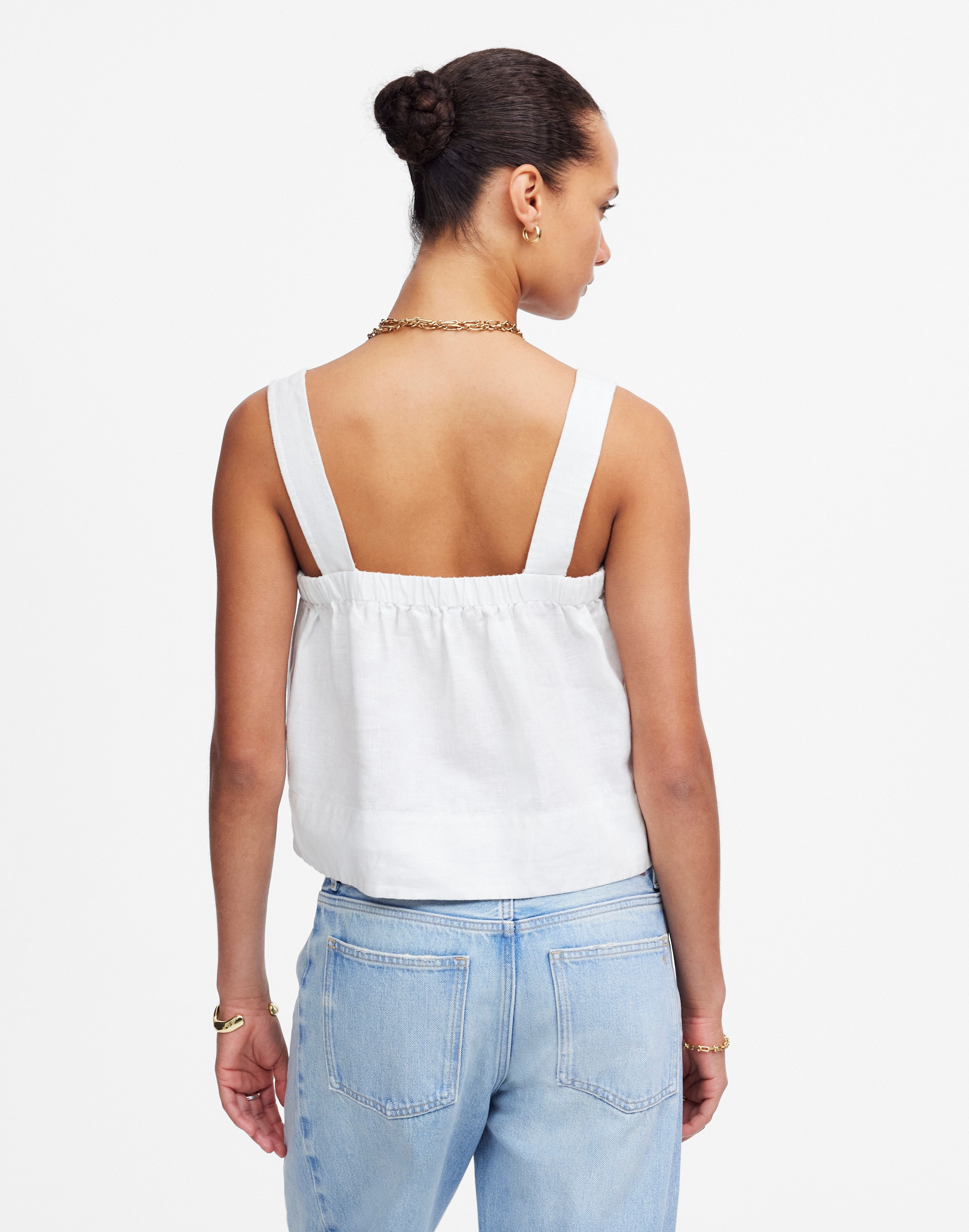 Contrast-Stitch Squareneck Top in 100% Linen