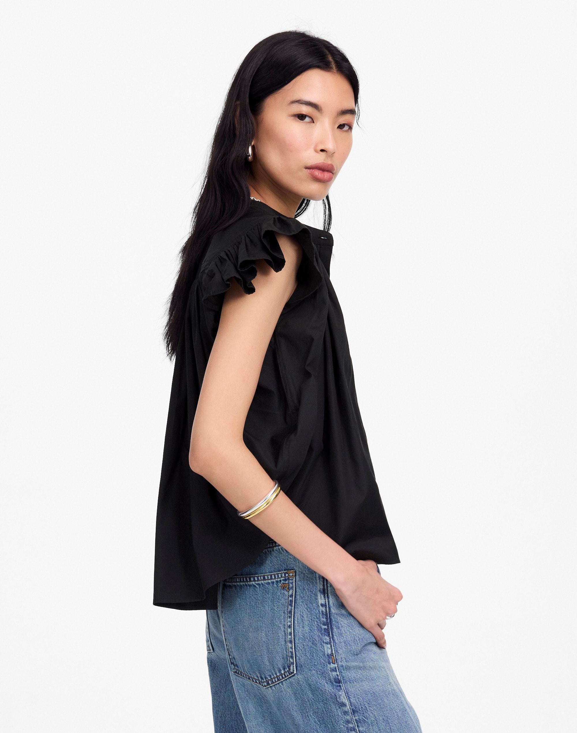 Poplin Shirred Button-Up Shirt