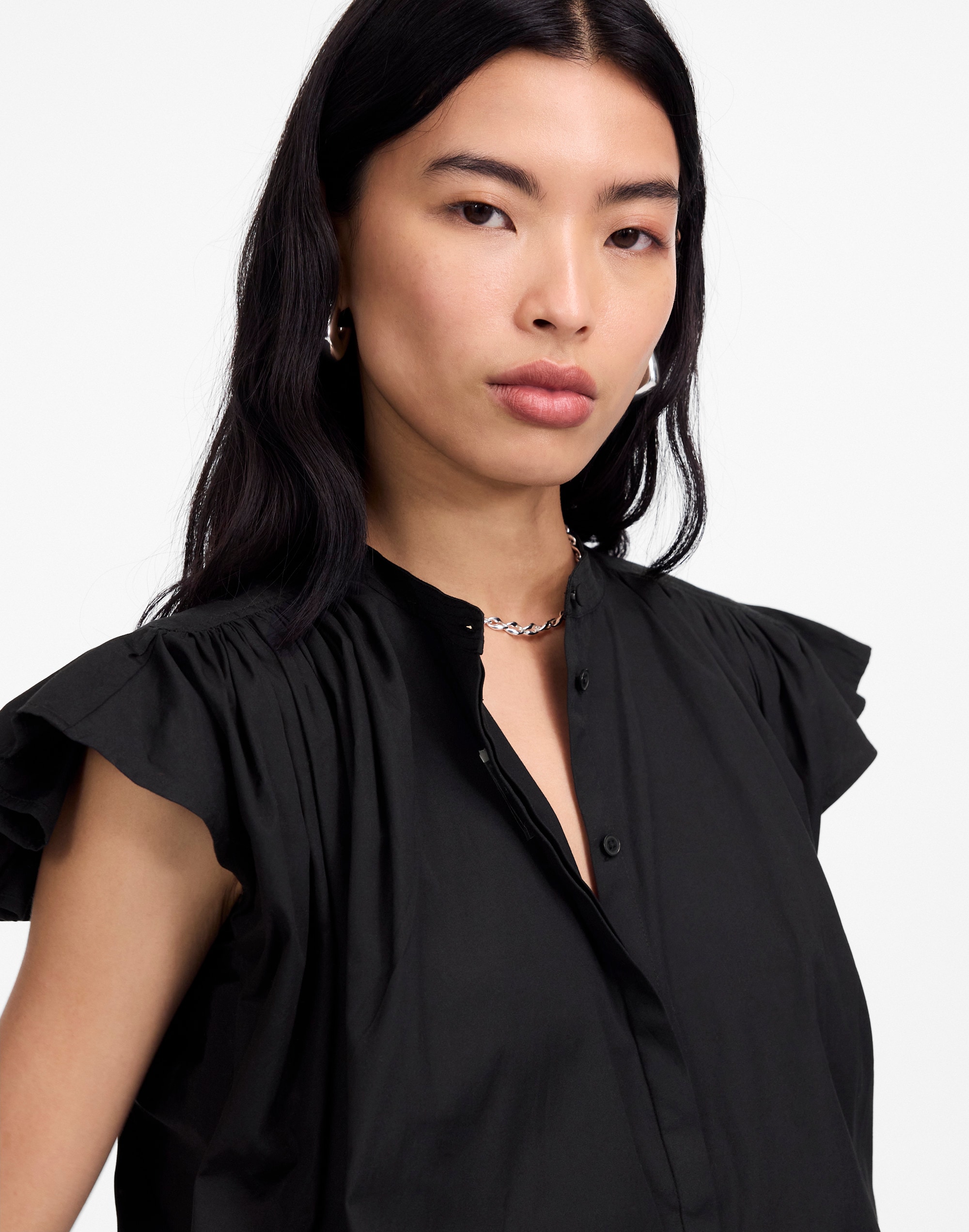 Poplin Shirred Button-Up Shirt