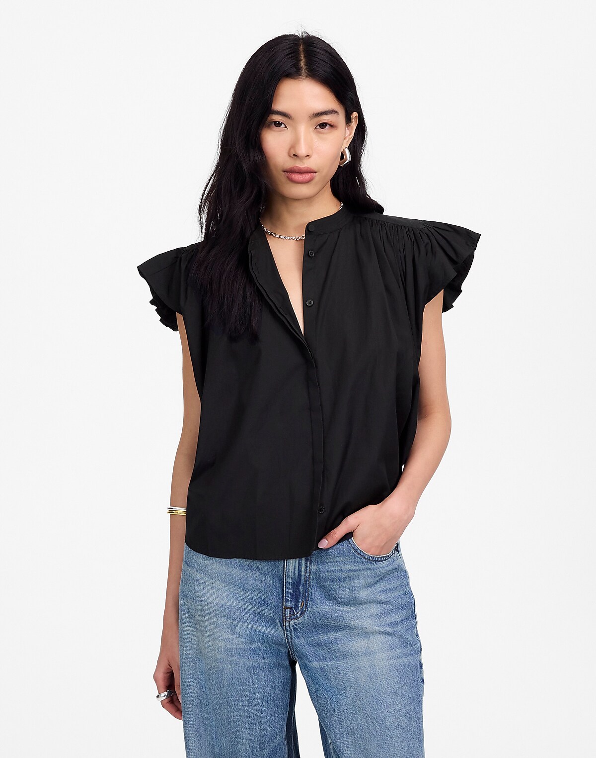 Poplin Shirred Button-Up Shirt