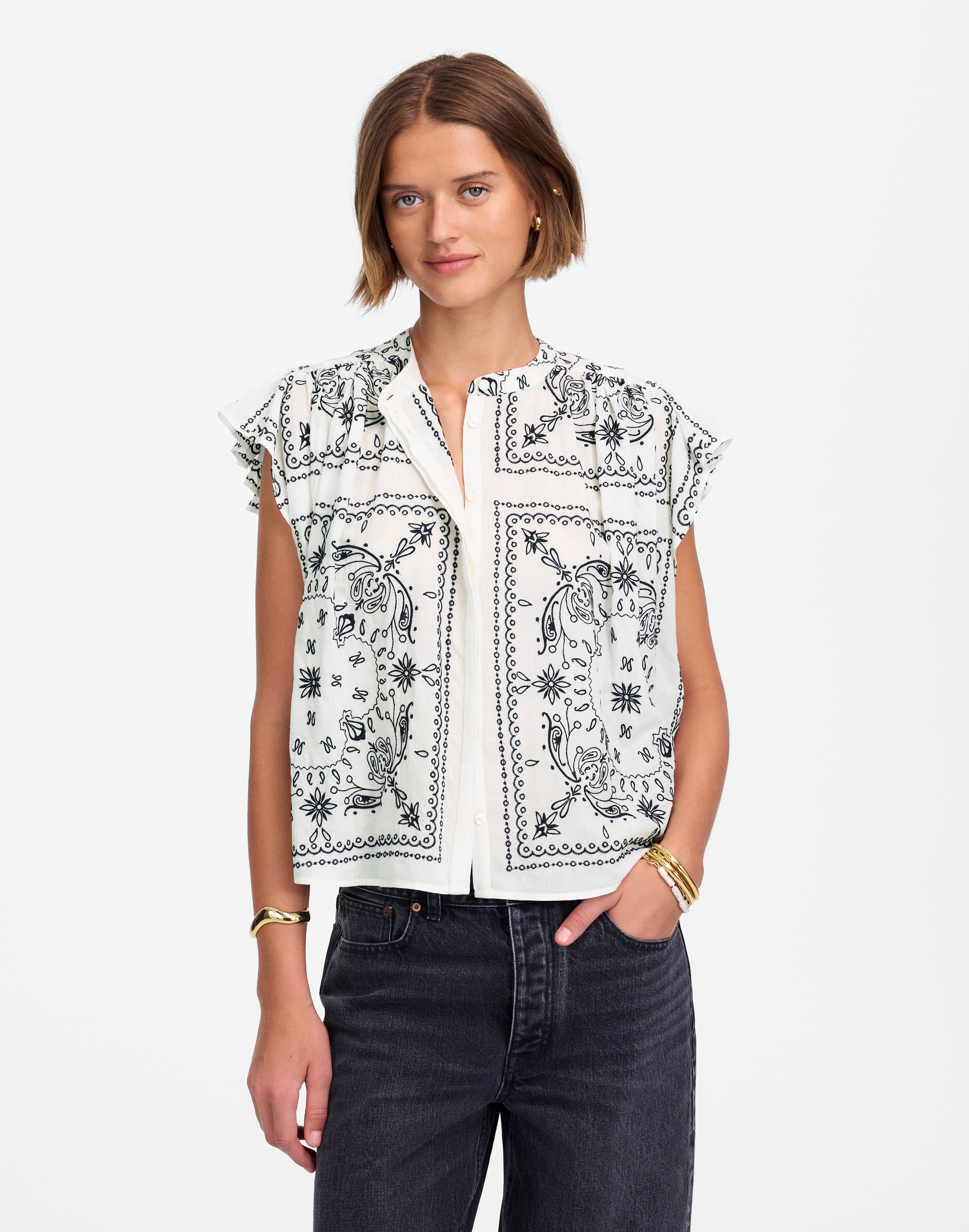 Embroidered Poplin Shirred Button-Up Shirt Alternate Image 1