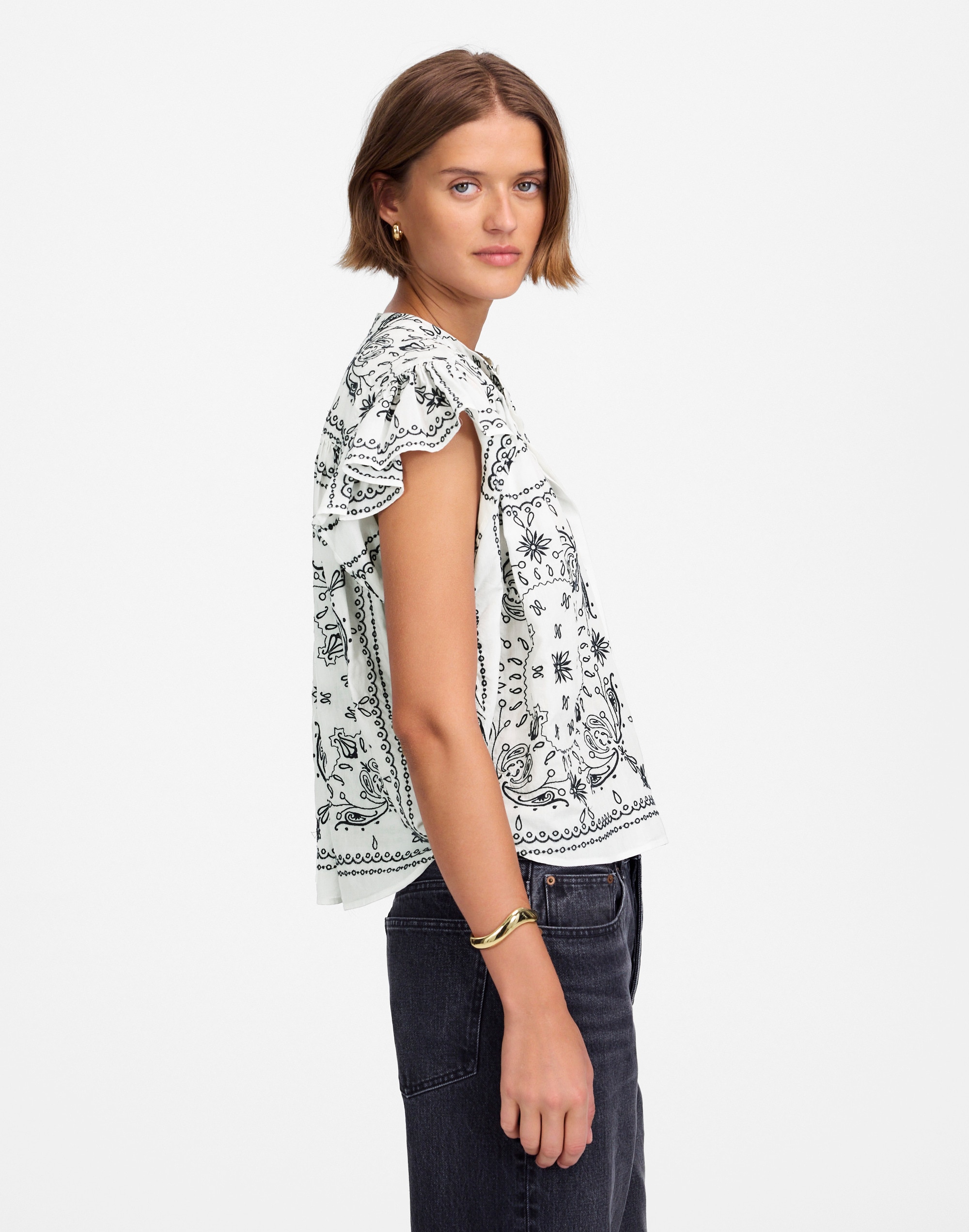 Embroidered Poplin Shirred Button-Up Shirt Alternate Image 3