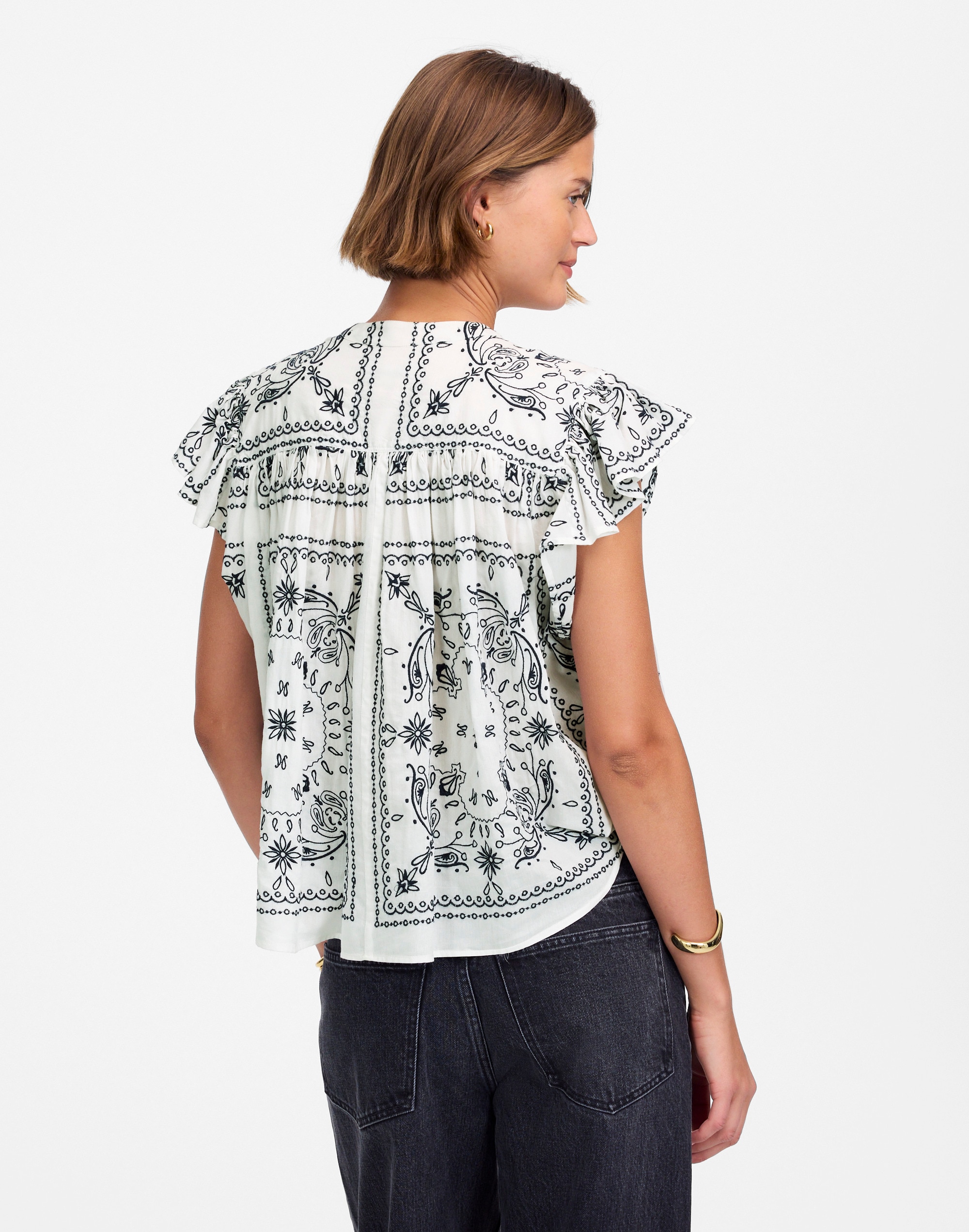 Embroidered Poplin Shirred Button-Up Shirt Alternate Image 4