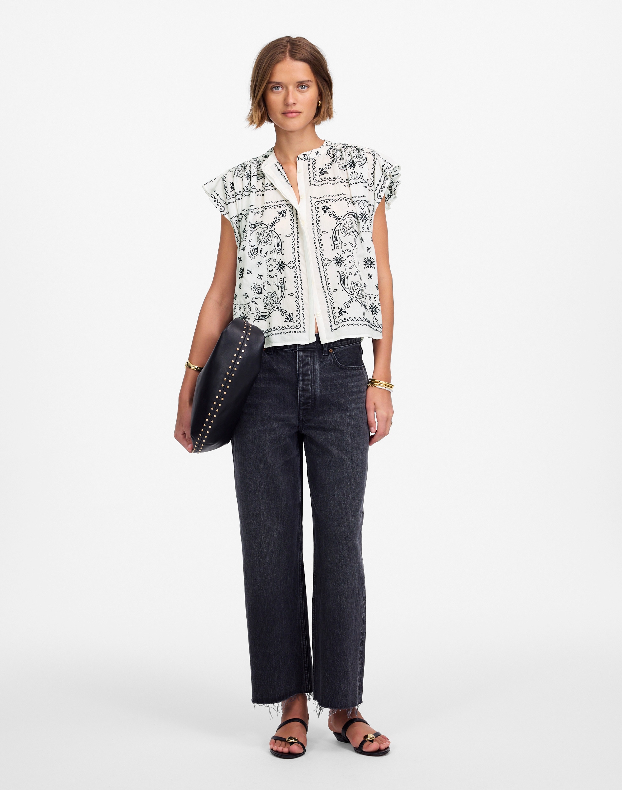 embroidered poplin shirred button-up shirt