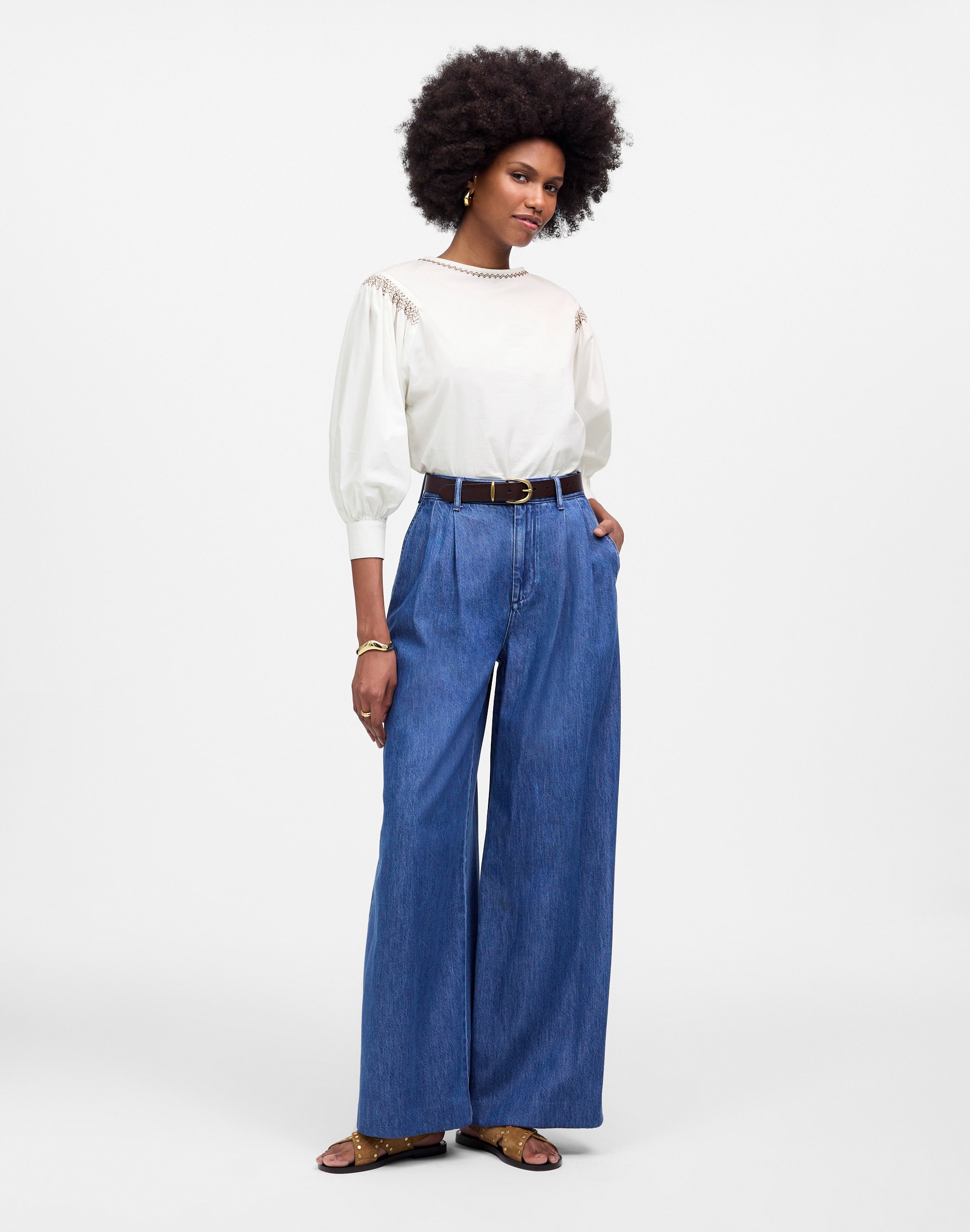 Embroidered Poplin Balloon-Sleeve Top