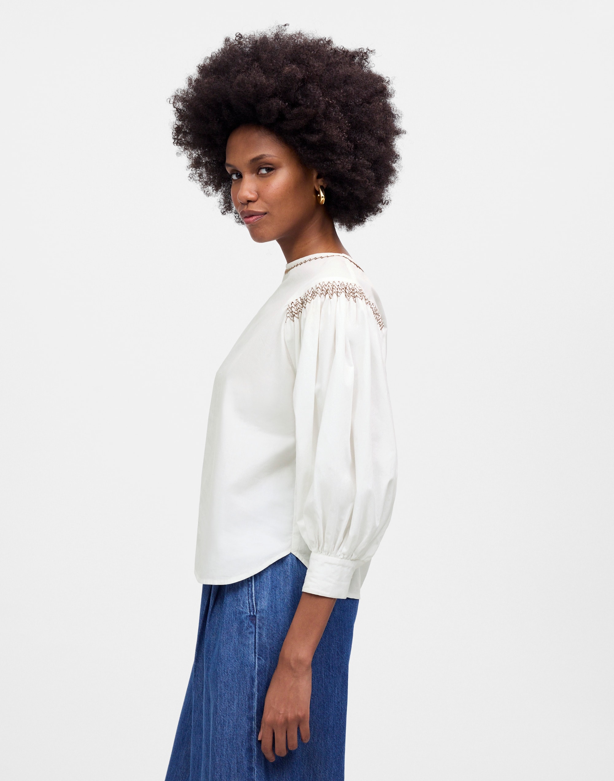 Embroidered Poplin Balloon-Sleeve Top