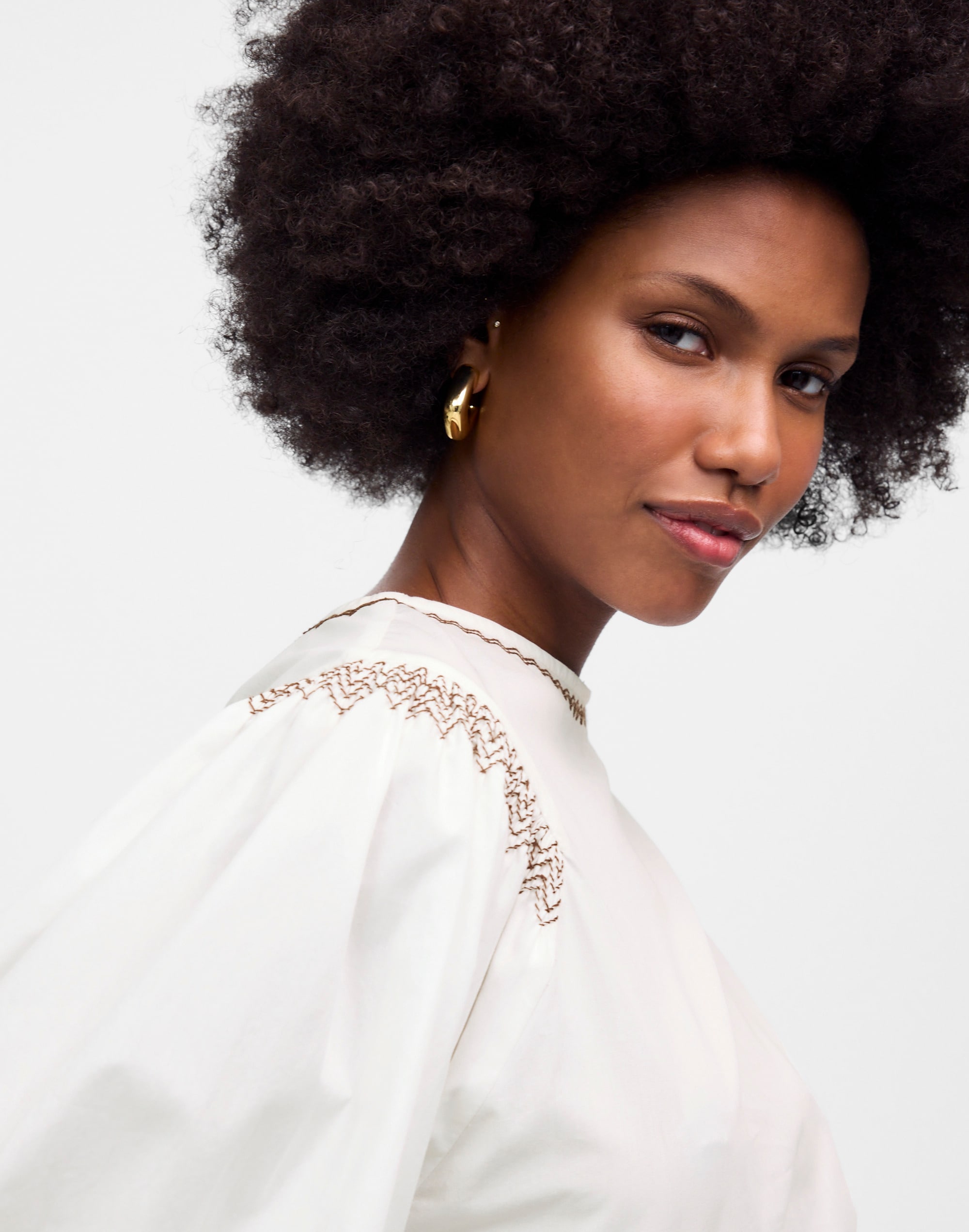 Embroidered Poplin Balloon-Sleeve Top