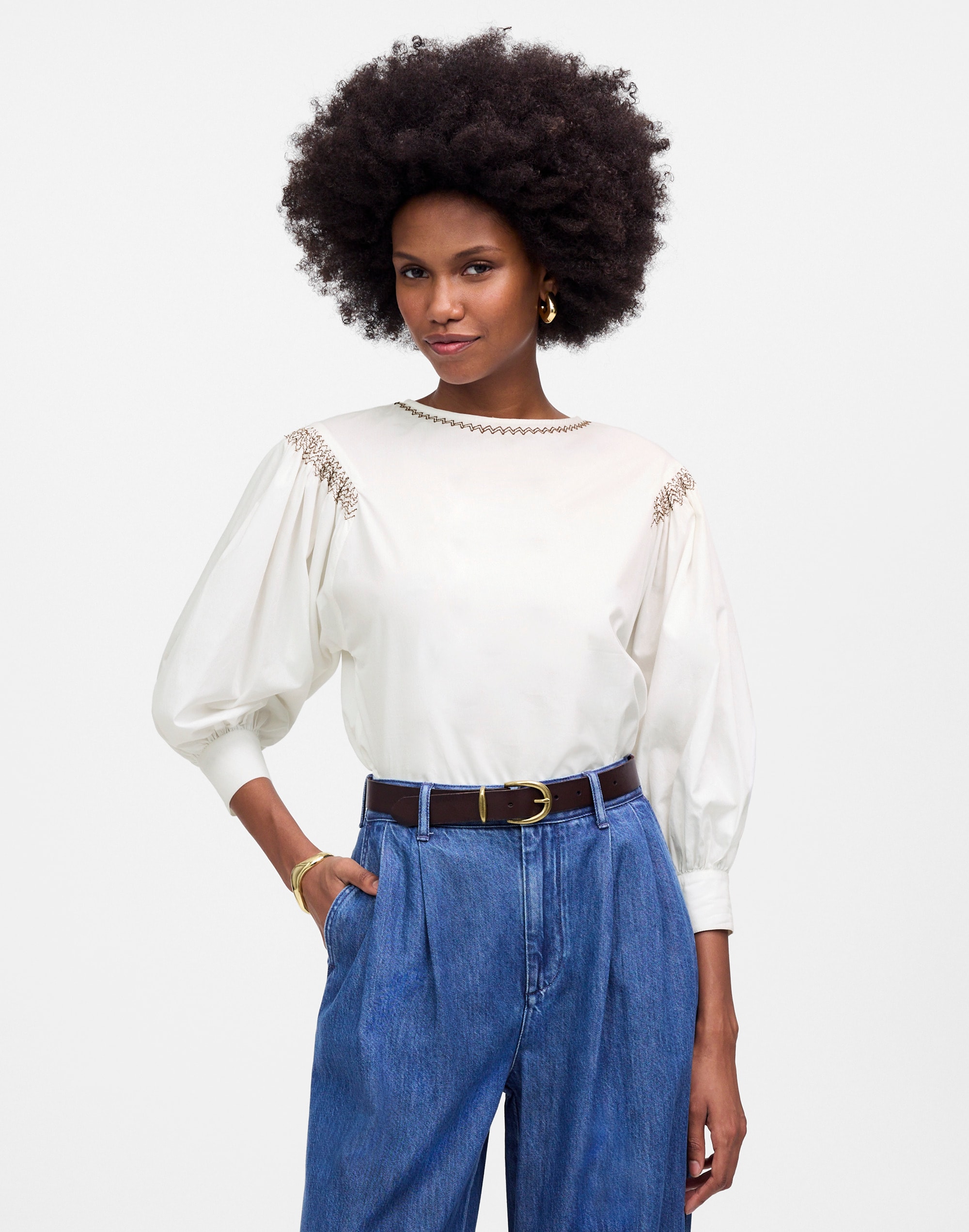 embroidered poplin balloon-sleeve top