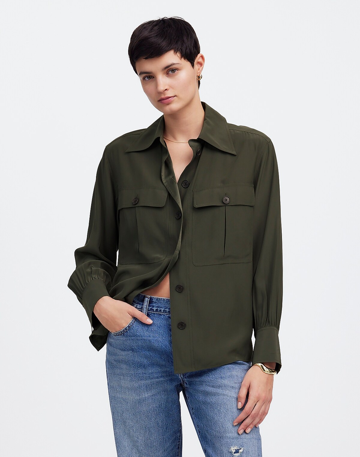 Silk Utility-Pocket Button-Up Shirt