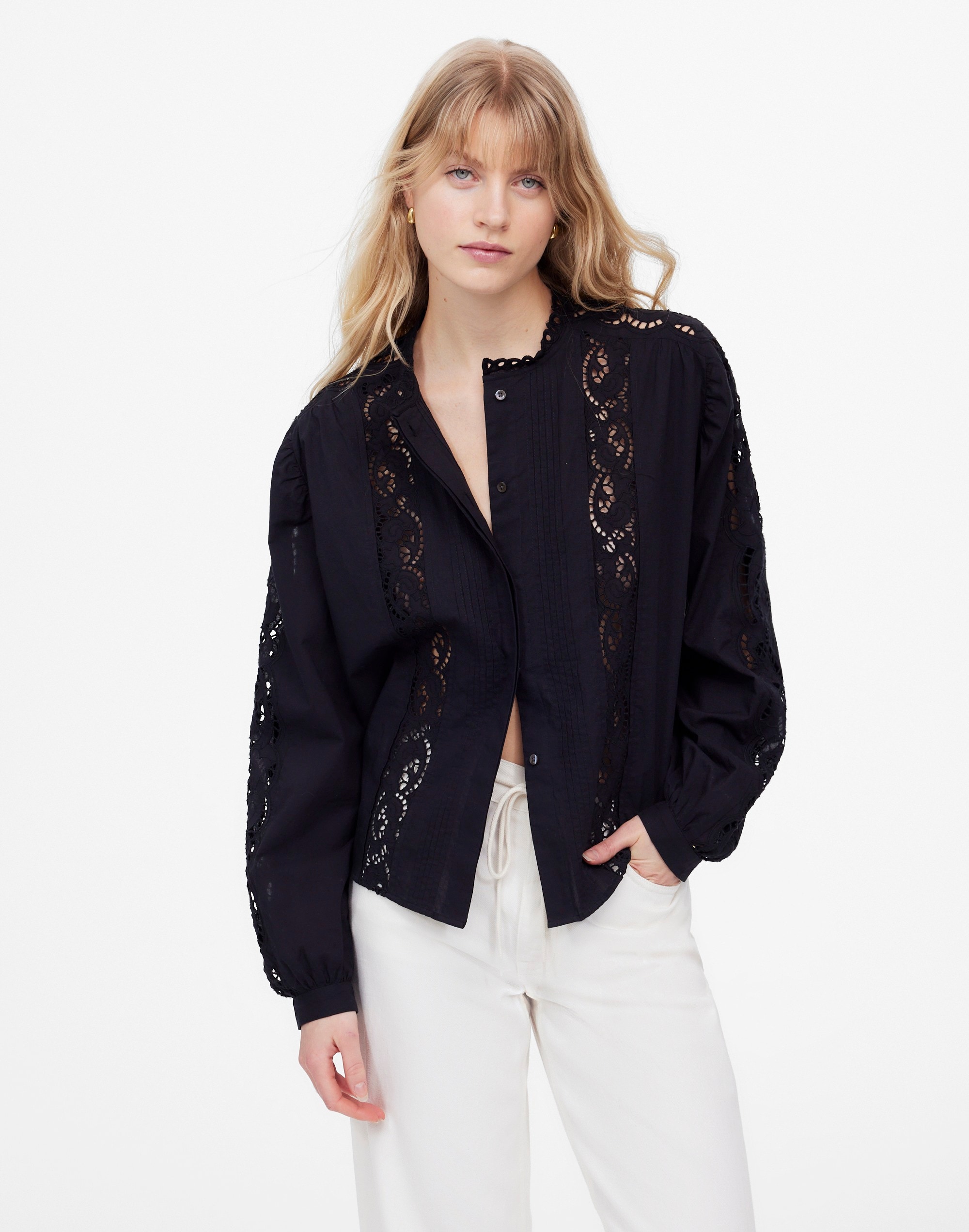 Lace-Inset Pintucked Button-Up Top